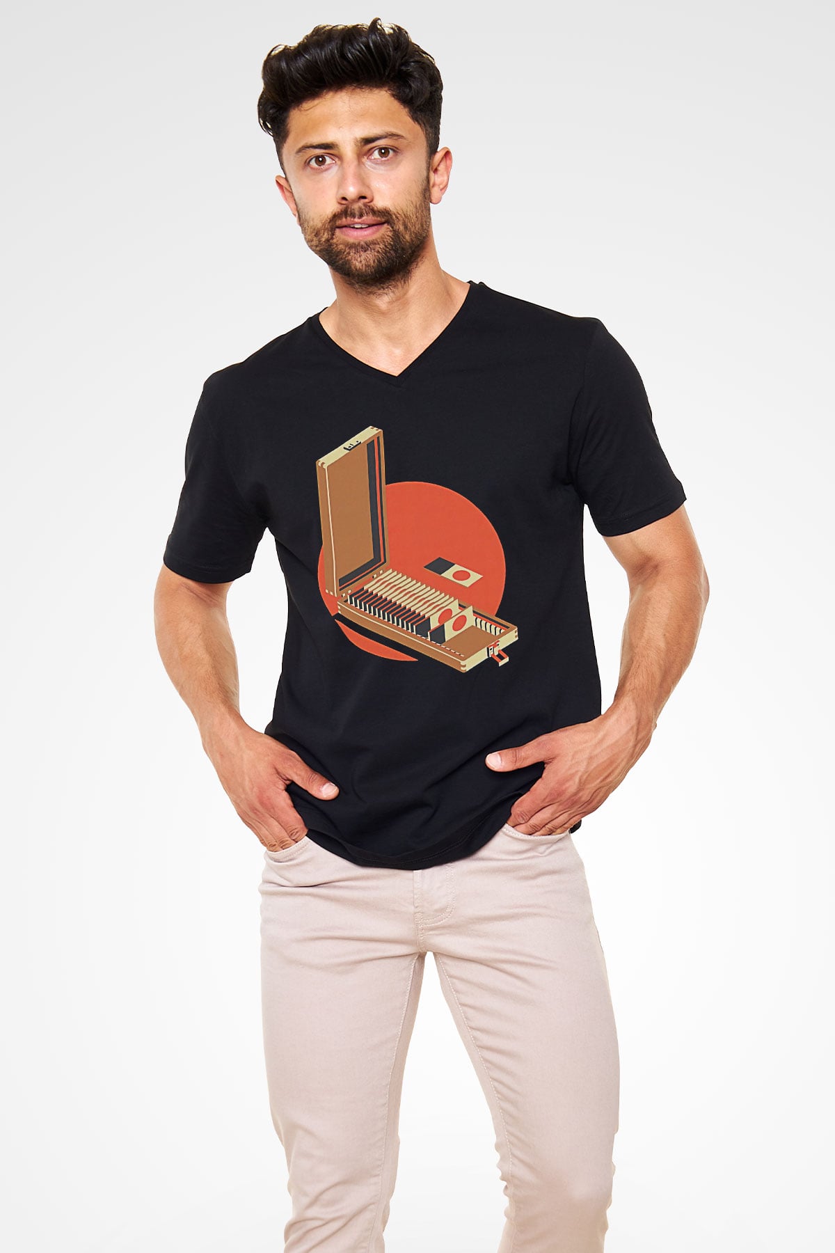 Dexter Baskılı Unisex Siyah V Yaka Tişört - Tshirt