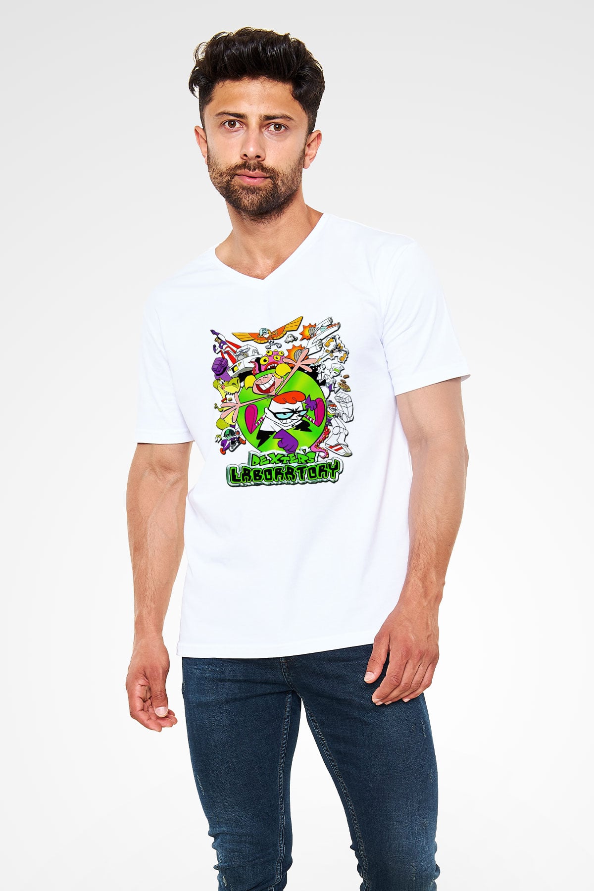 Dexter's Laboratory Beyaz Unisex V Yaka Tişört T-Shirt