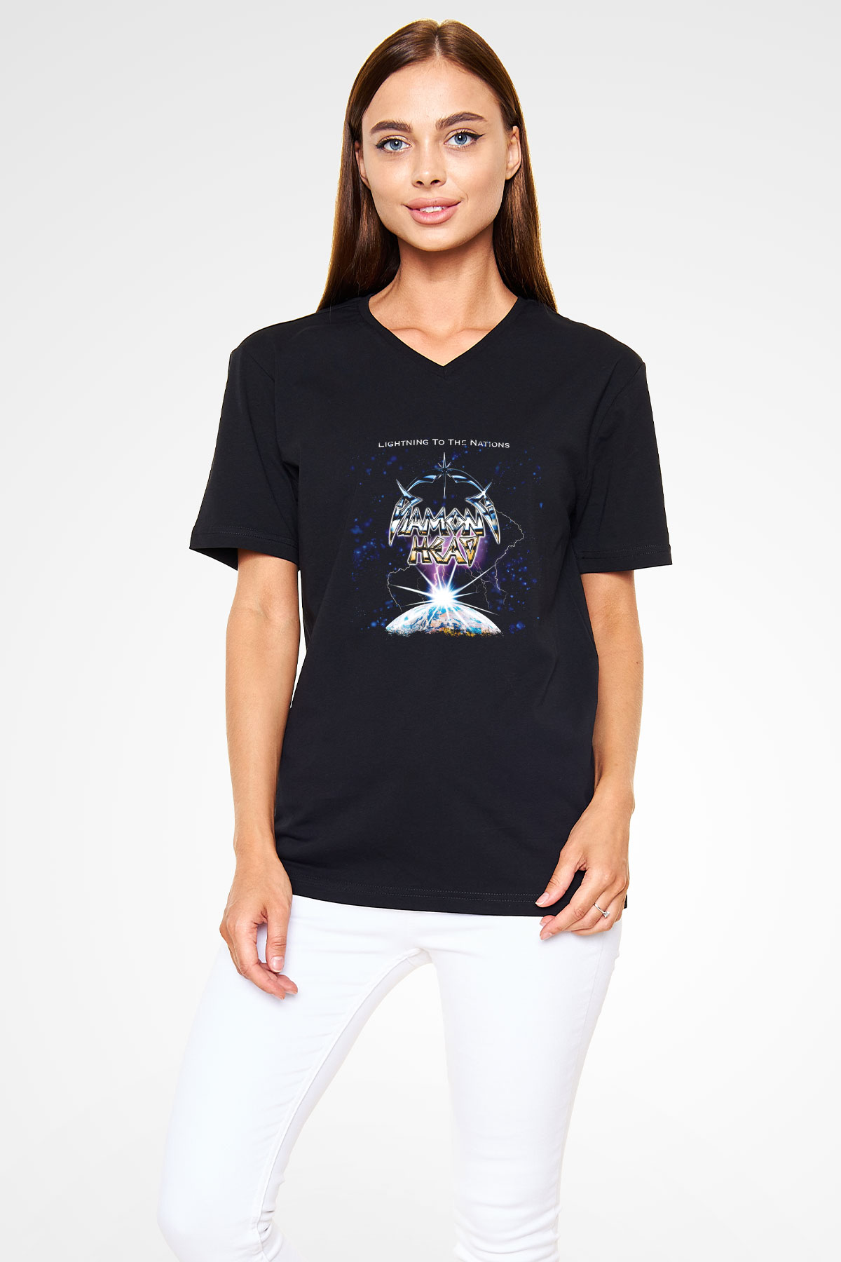 Diamond Head Baskılı Unisex Siyah V Yaka Tişört
