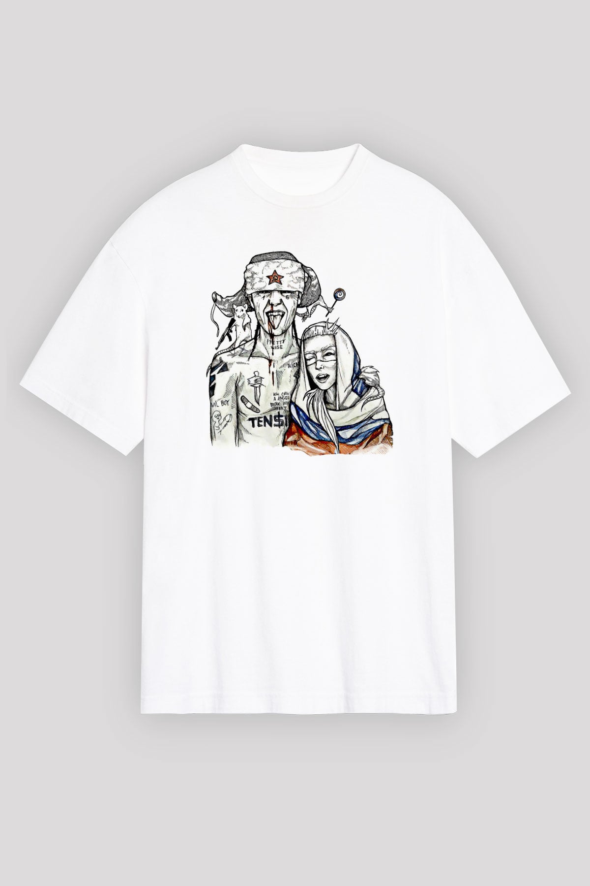 Die Antwoord Baskılı Beyaz Unisex Oversize Tişört - Tshirt