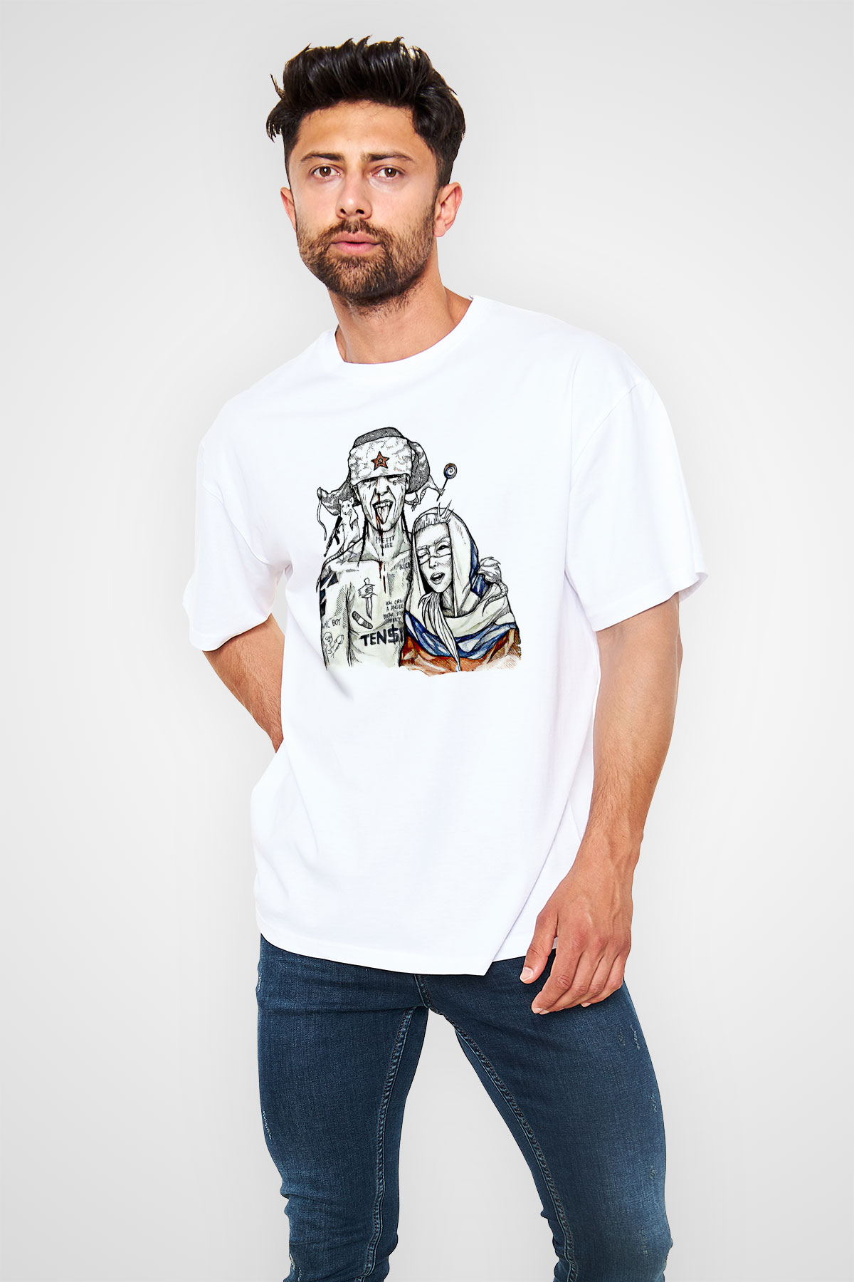 Die Antwoord Baskılı Beyaz Unisex Oversize Tişört - Tshirt