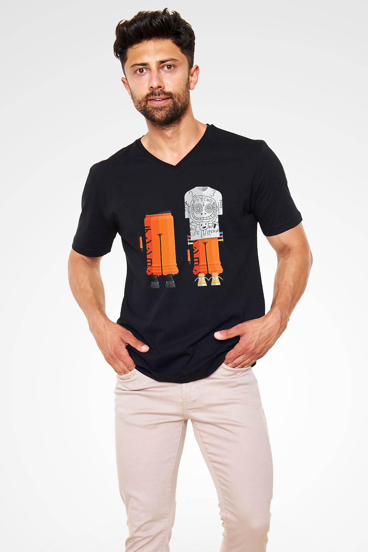 Die Antwoord Baskılı Unisex Siyah V Yaka Tişört - Tshirt