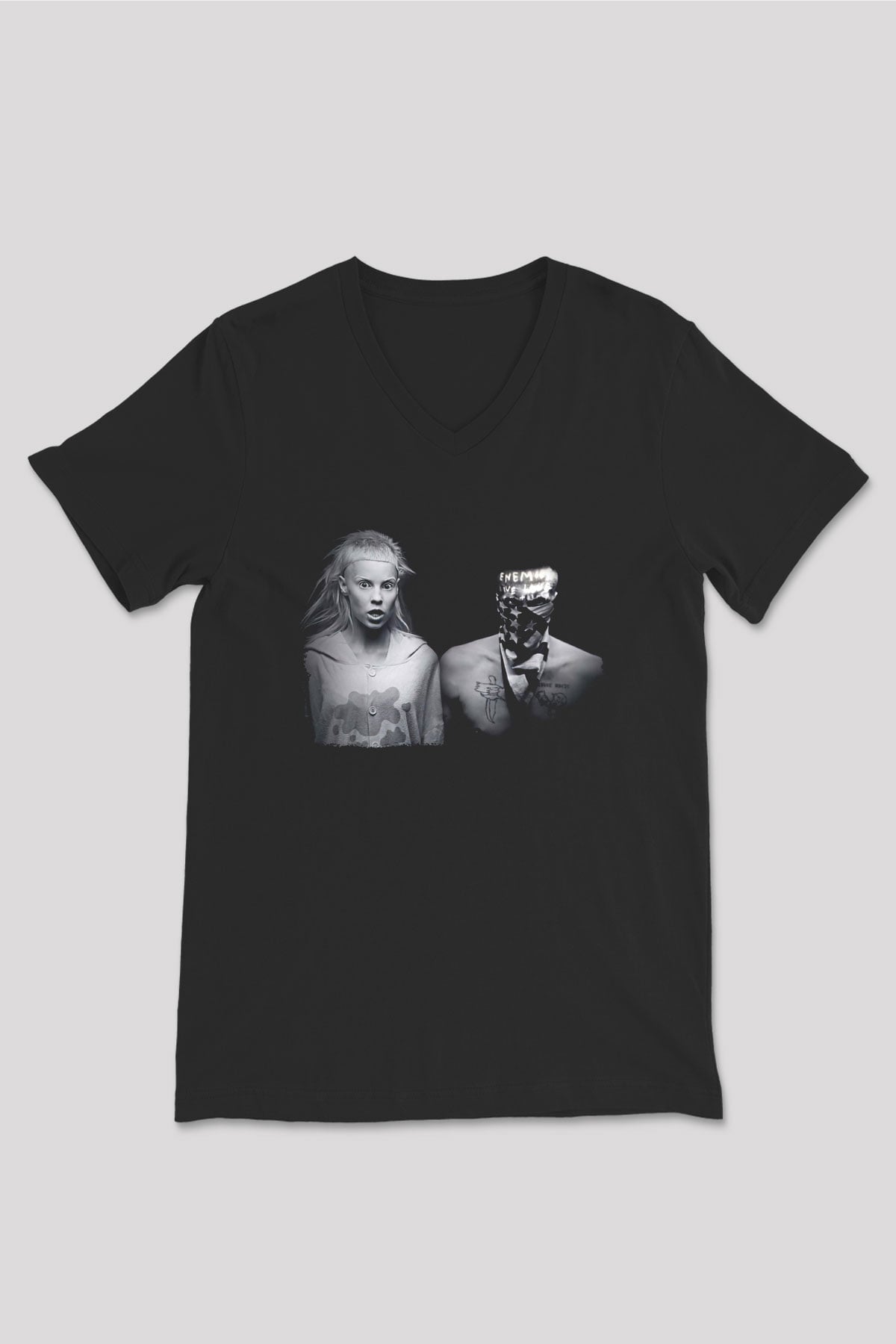 Die Antwoord Baskılı Unisex Siyah V Yaka Tişört - Tshirt