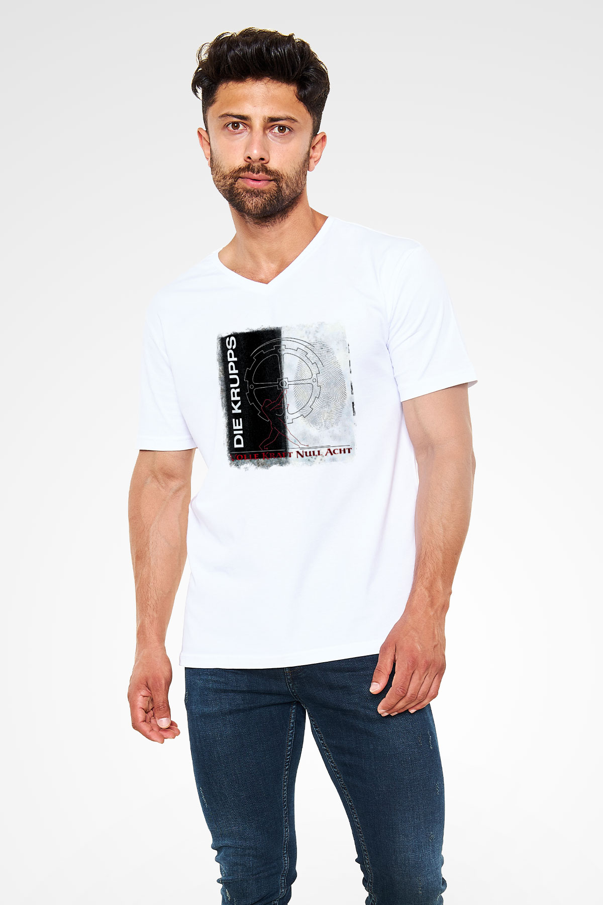 Die Krupps Baskılı Unisex Beyaz V Yaka Tişört