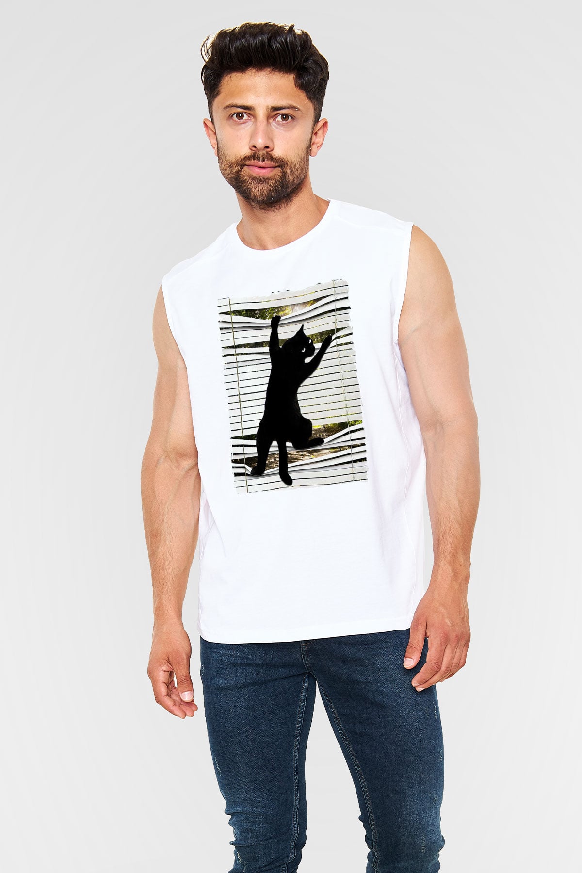 Dikizci Siyah Kedi Baskılı Unisex  Kolsuz Tişört