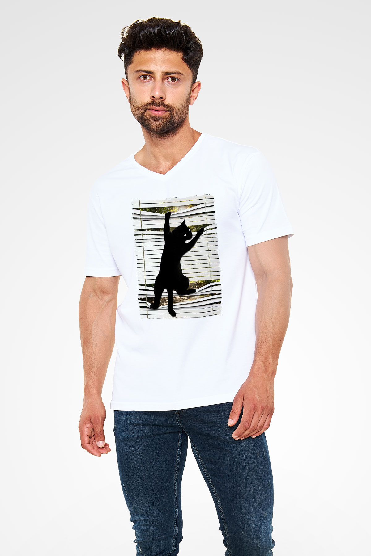 Dikizci Siyah Kedi Baskılı Unisex  V Yaka Tişört
