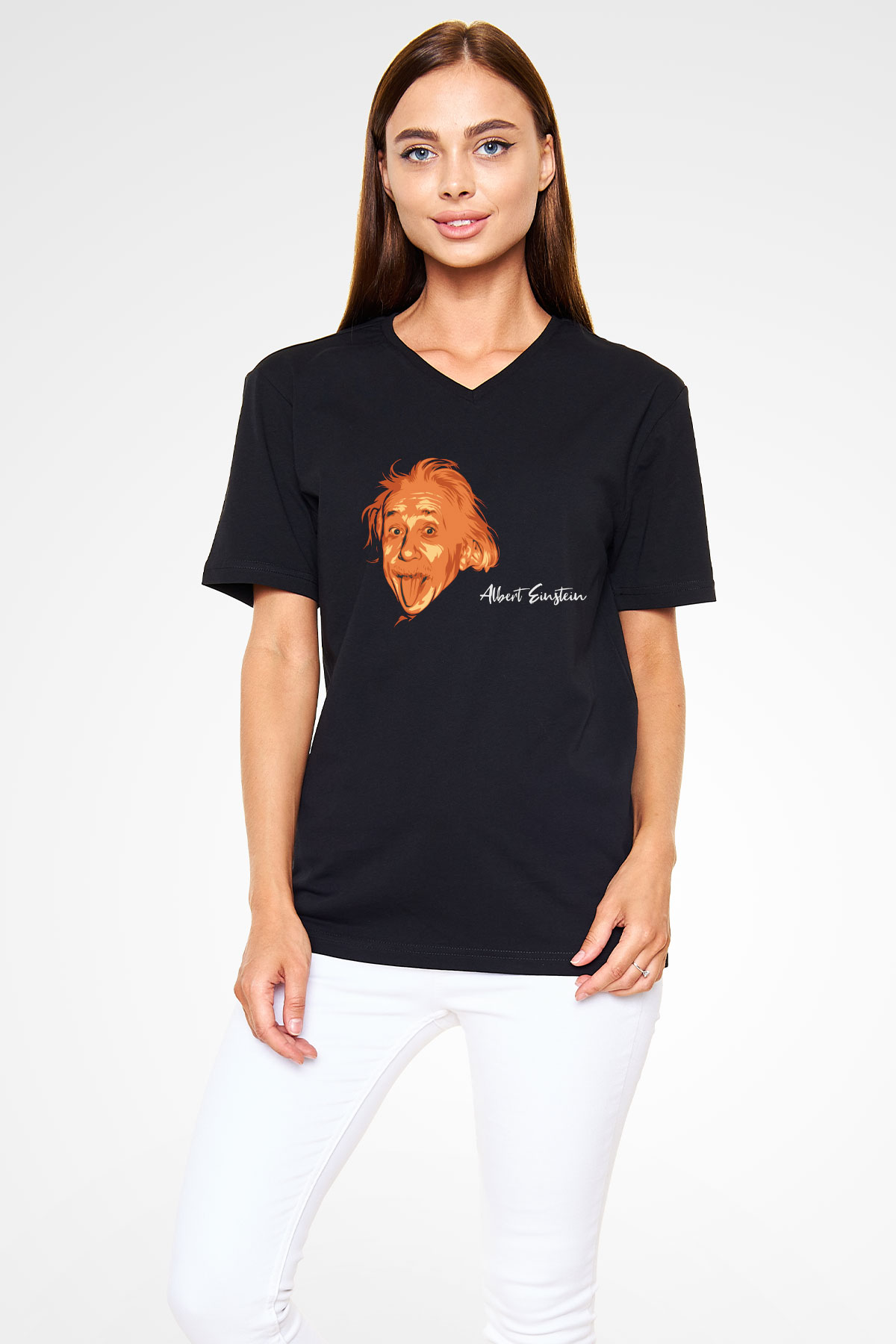 Dil Çıkaran Albert Einstein Baskılı Unisex Siyah V Yaka Tişört