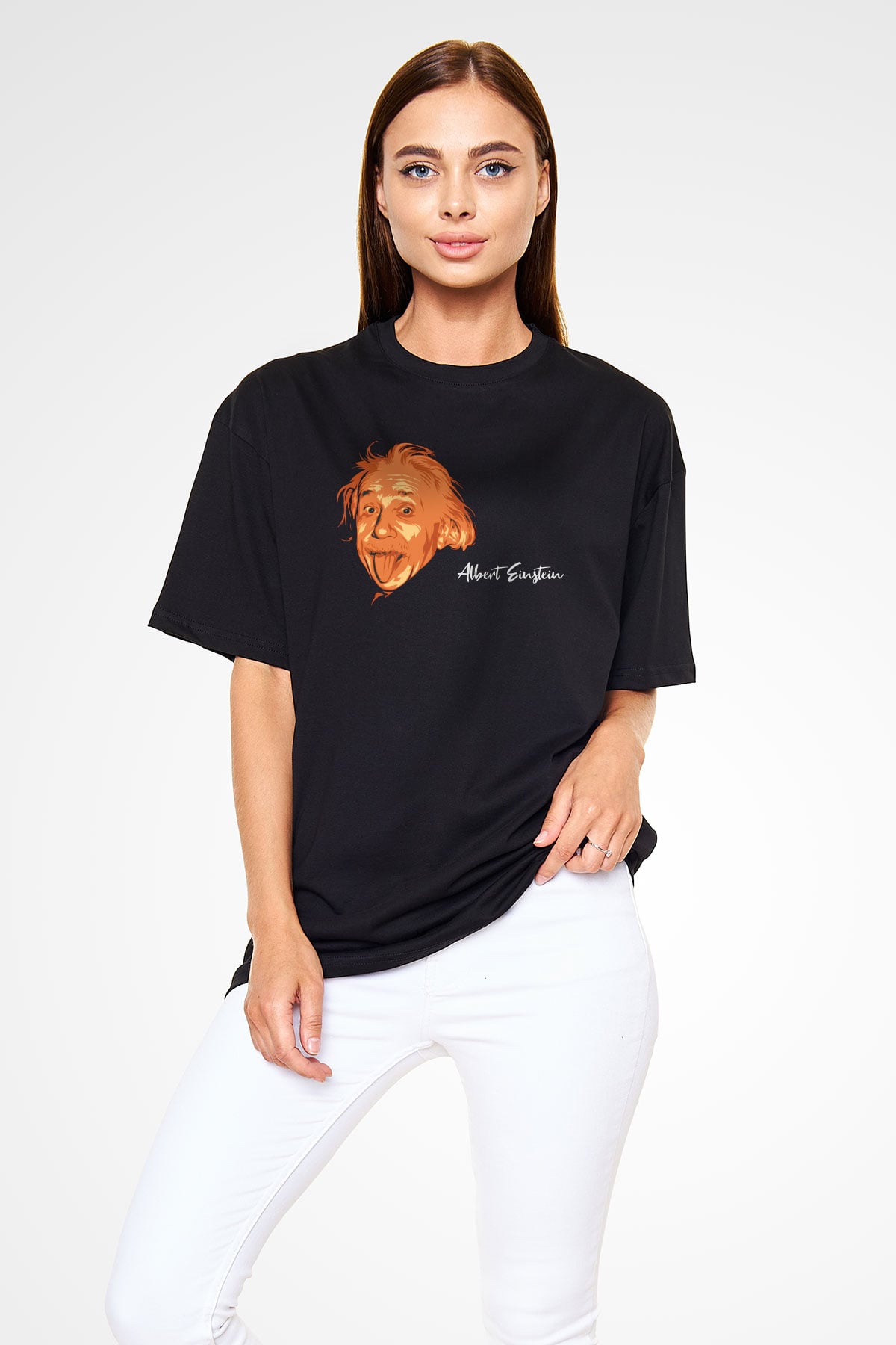 Dil Çıkaran Albert Einstein Baskılı Unisex Siyah Oversize Tişört