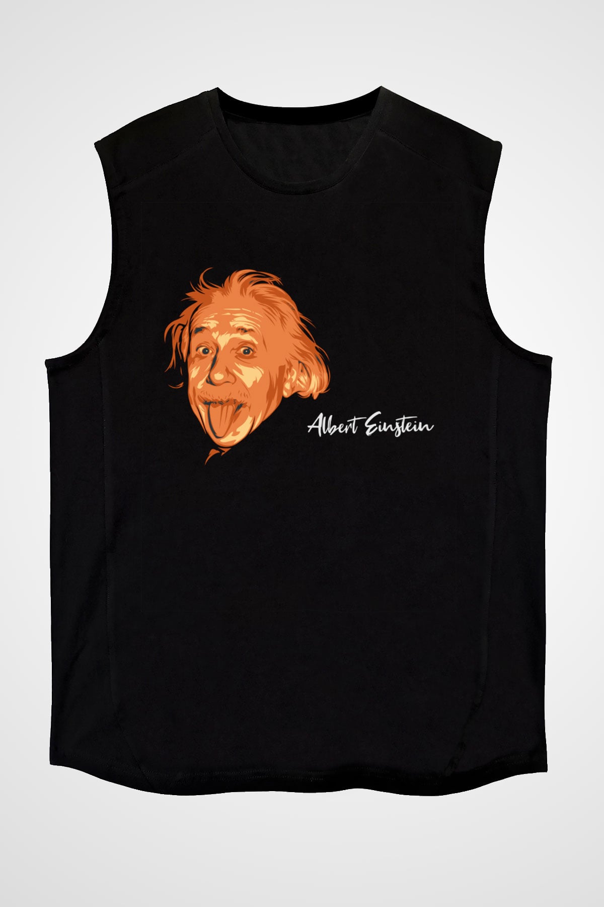 Dil Çıkaran Albert Einstein Baskılı Unisex Siyah Kolsuz Tişört