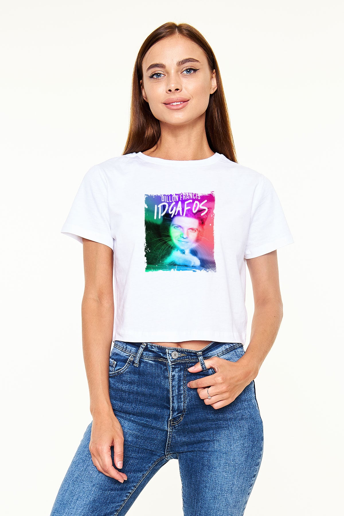 Dillon Francis Baskılı Beyaz Kadın Crop Top Tişört
