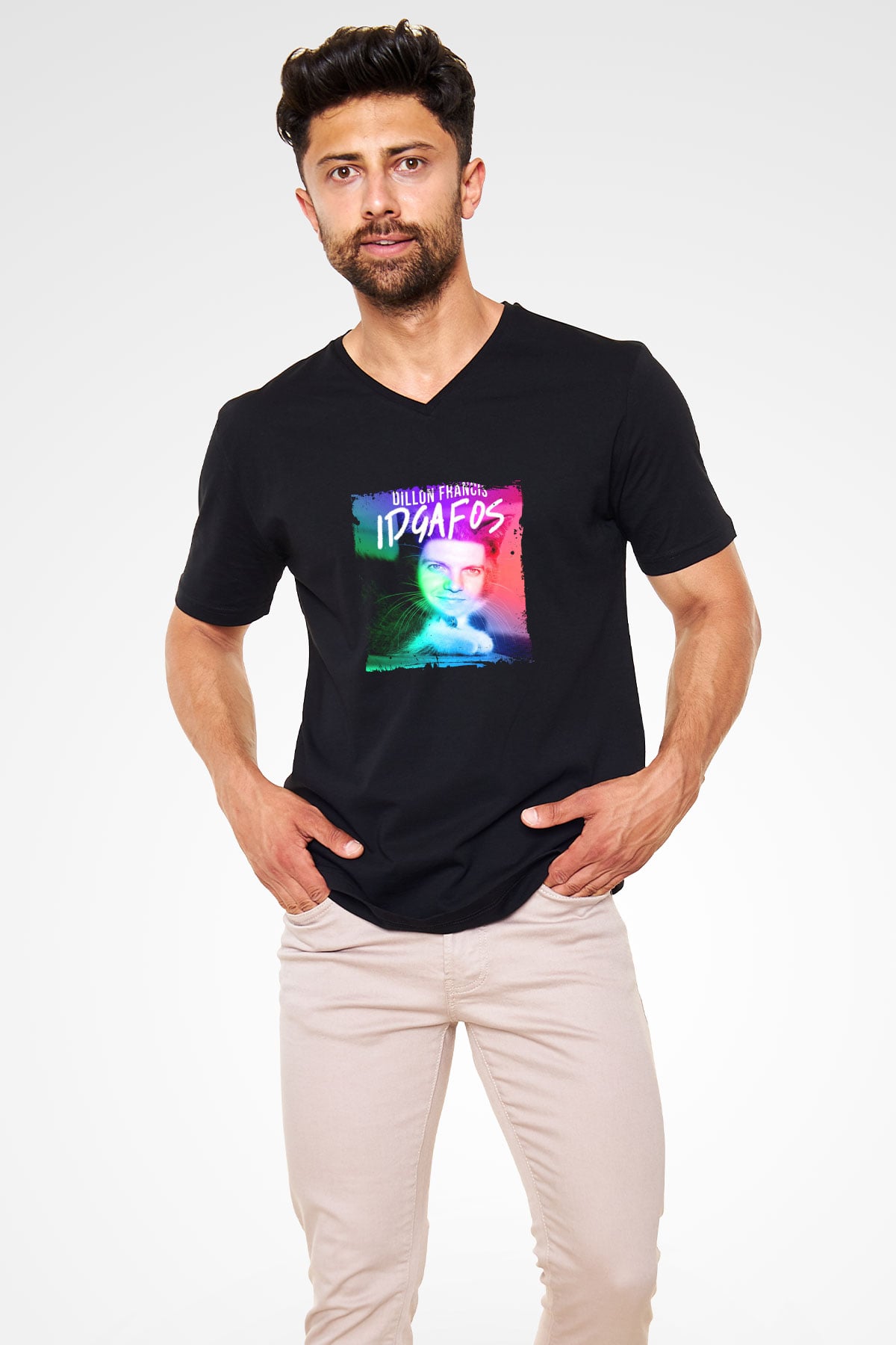 Dillon Francis Baskılı Unisex Siyah V Yaka Tişört