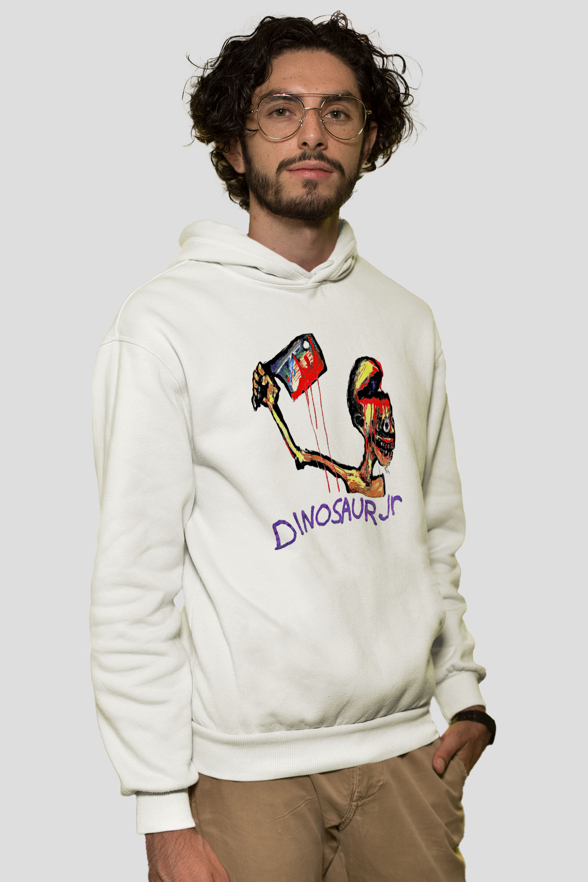 Dinosaur Jr Baskılı Beyaz Unisex Kapüşonlu Sweatshirt