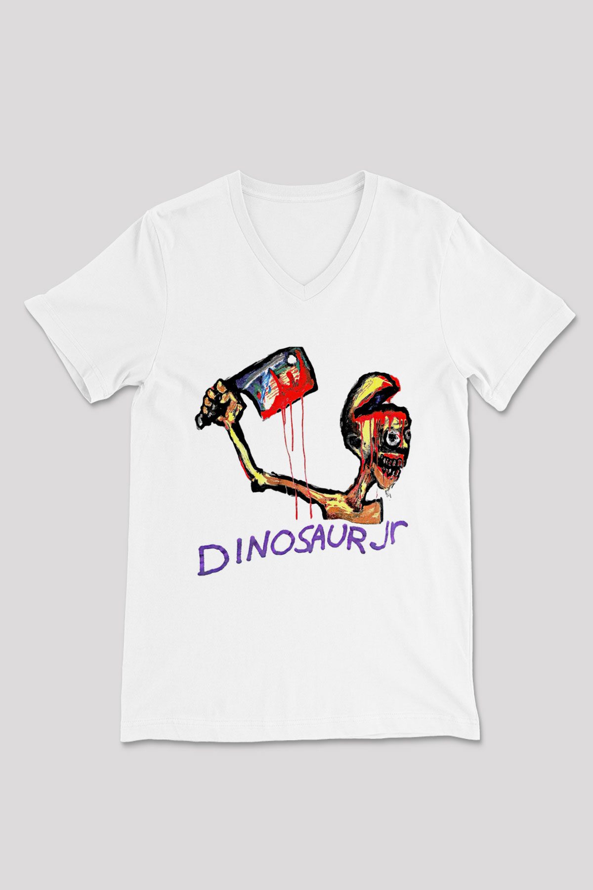 Dinosaur Jr Baskılı Beyaz Unisex V Yaka Tişört - Tshirt