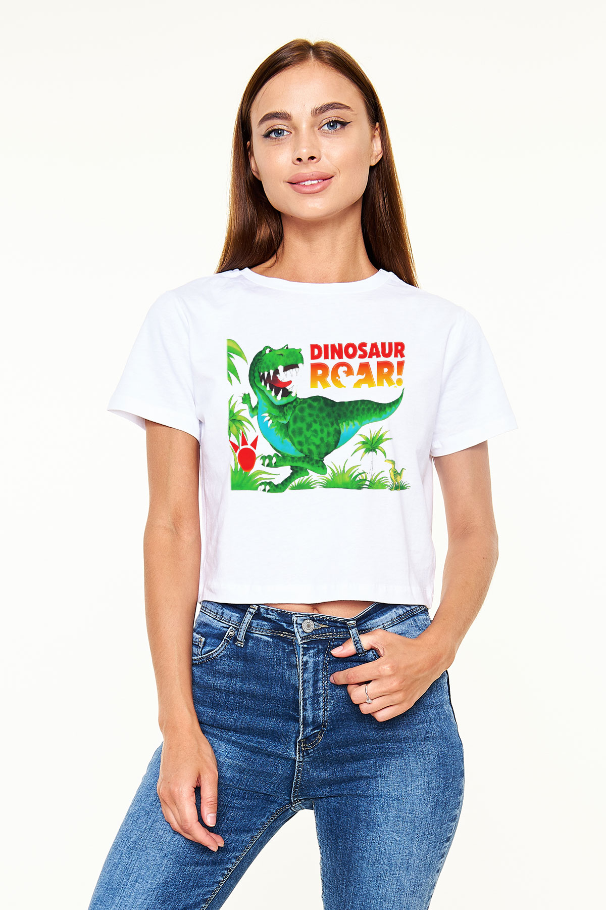 Dinozor Beyaz Croptop Tişört