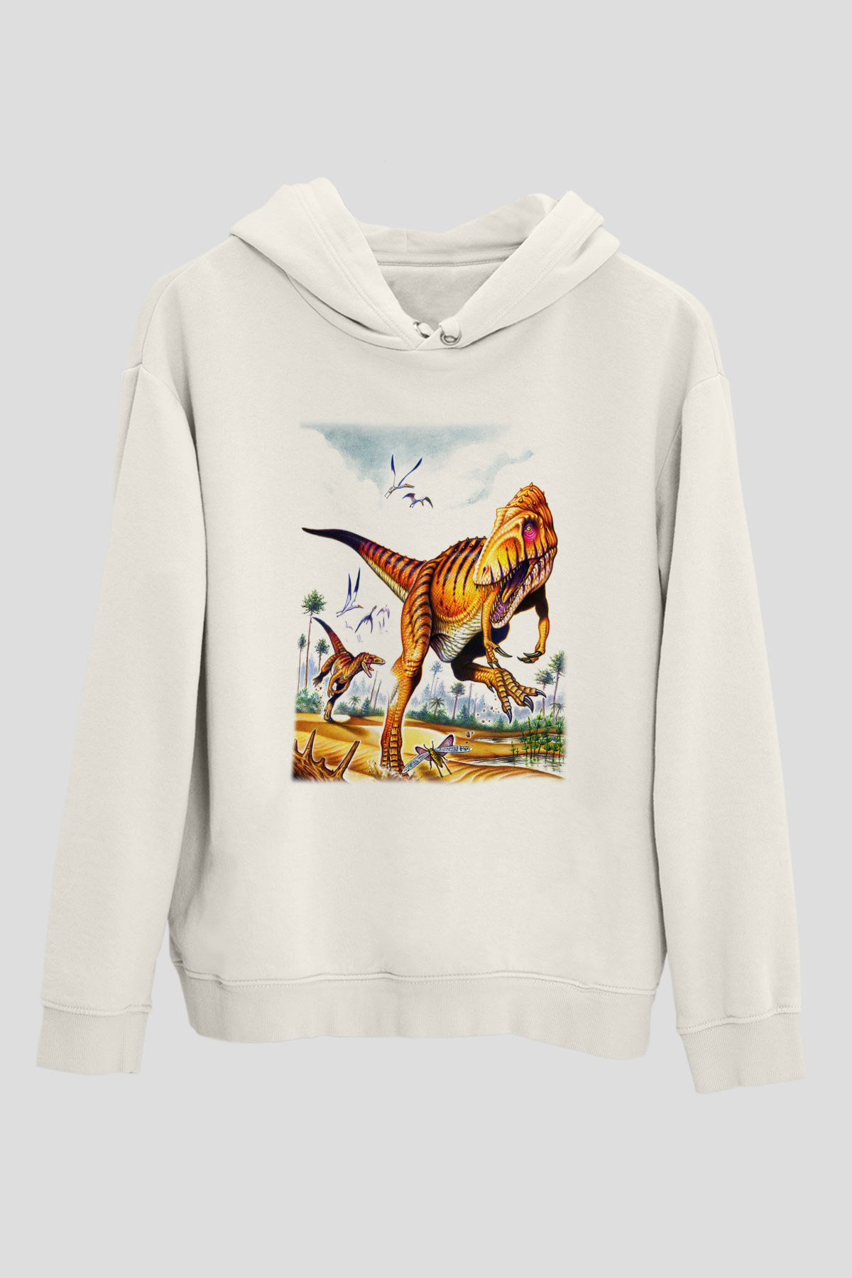 Dinozor Beyaz Unisex Kapşonlu Sweatshirt