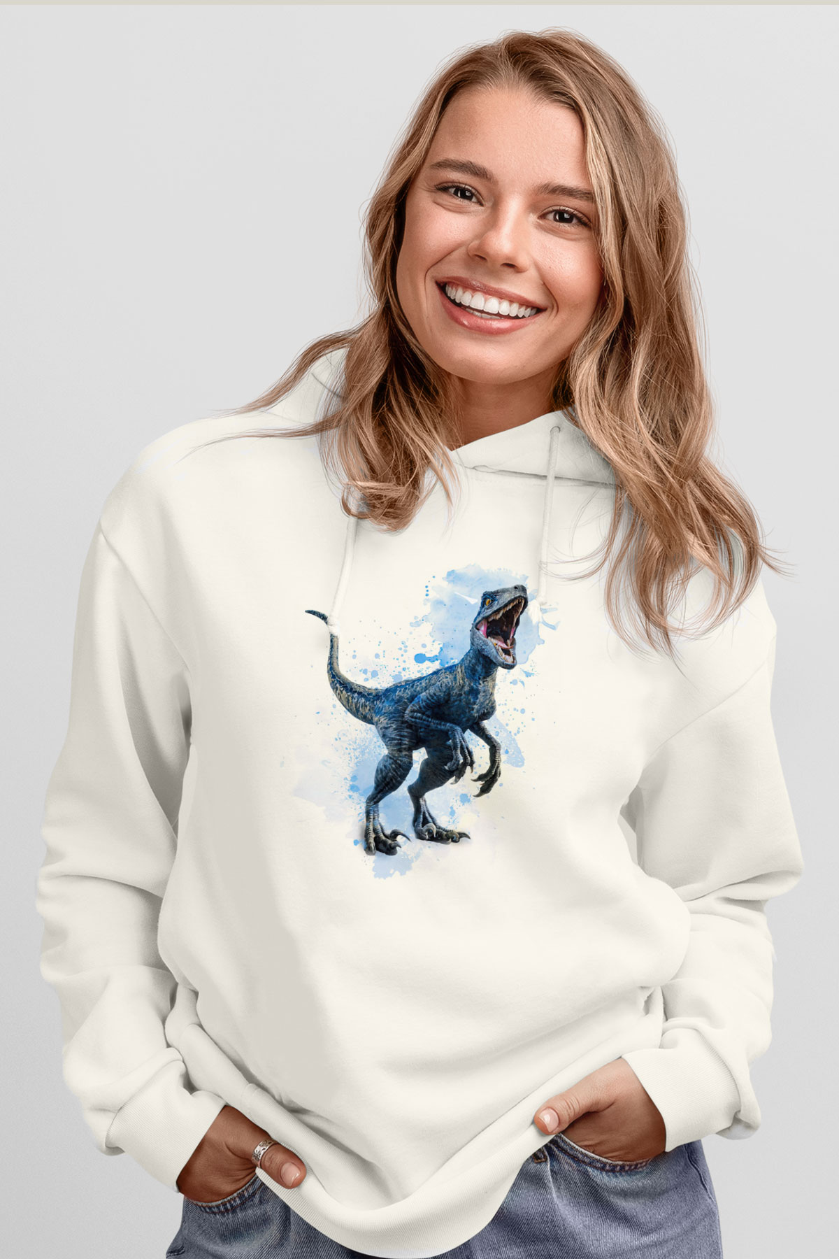 Dinozor Beyaz Unisex Kapüşonlu Sweatshirt