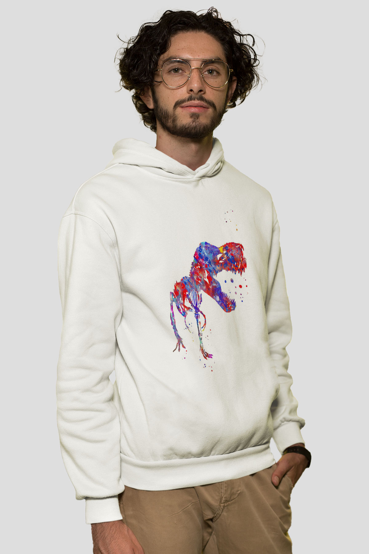 Dinozor Beyaz Unisex Kapüşonlu Sweatshirt