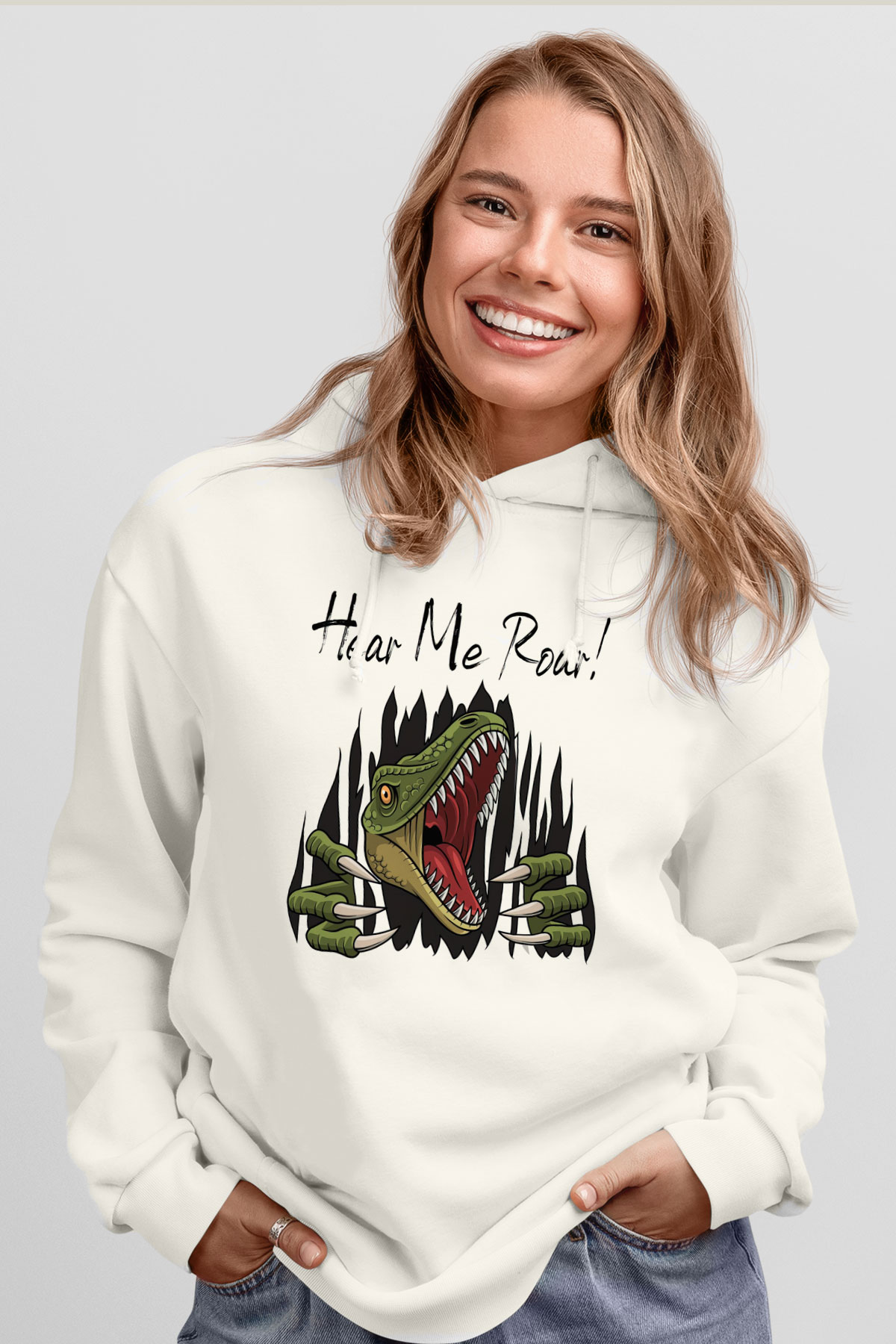 Dinozor Beyaz Unisex Kapüşonlu Sweatshirt