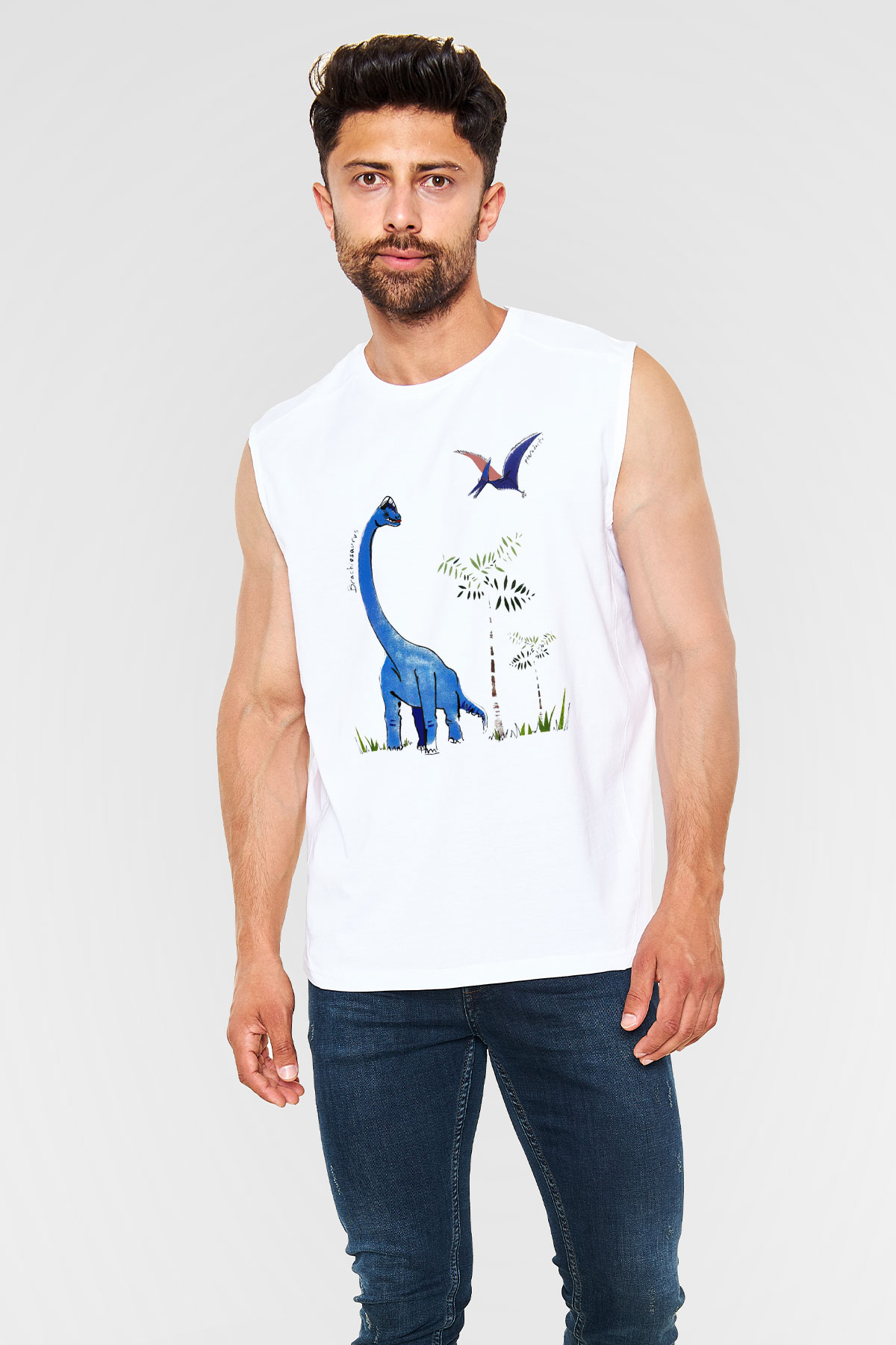 Dinozor Beyaz Unisex Kolsuz Tişört