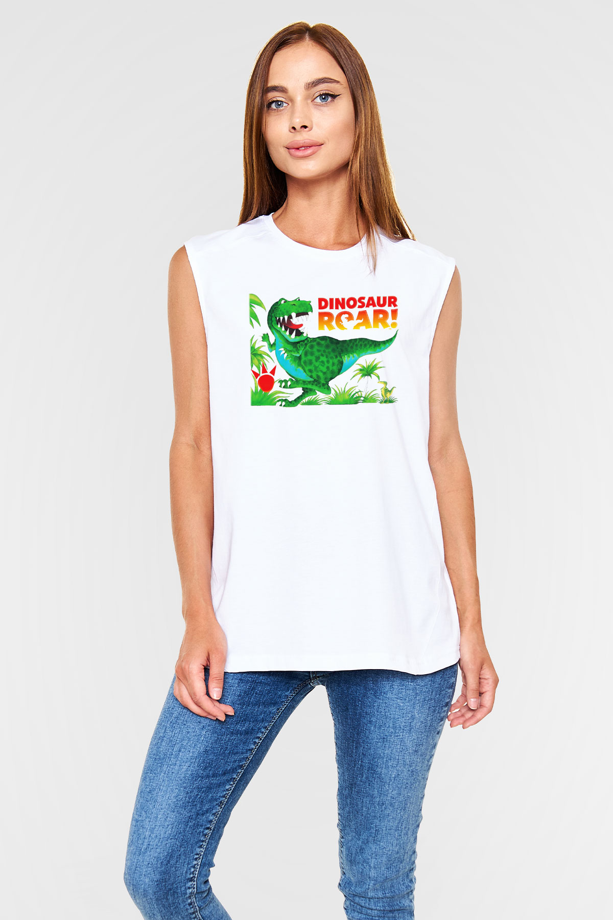 Dinozor Beyaz Unisex Kolsuz Tişört