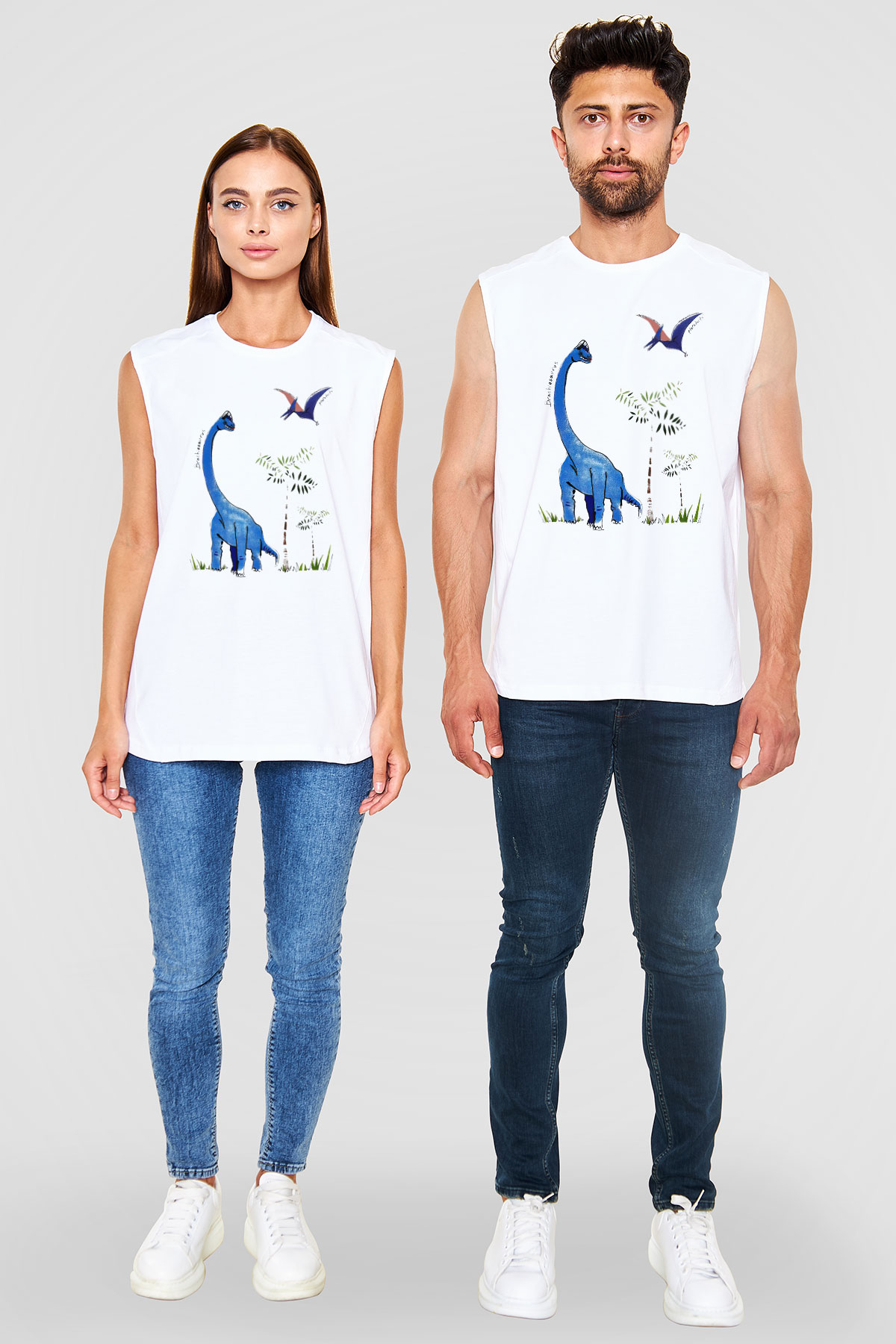 Dinozor Beyaz Unisex Kolsuz Tişört