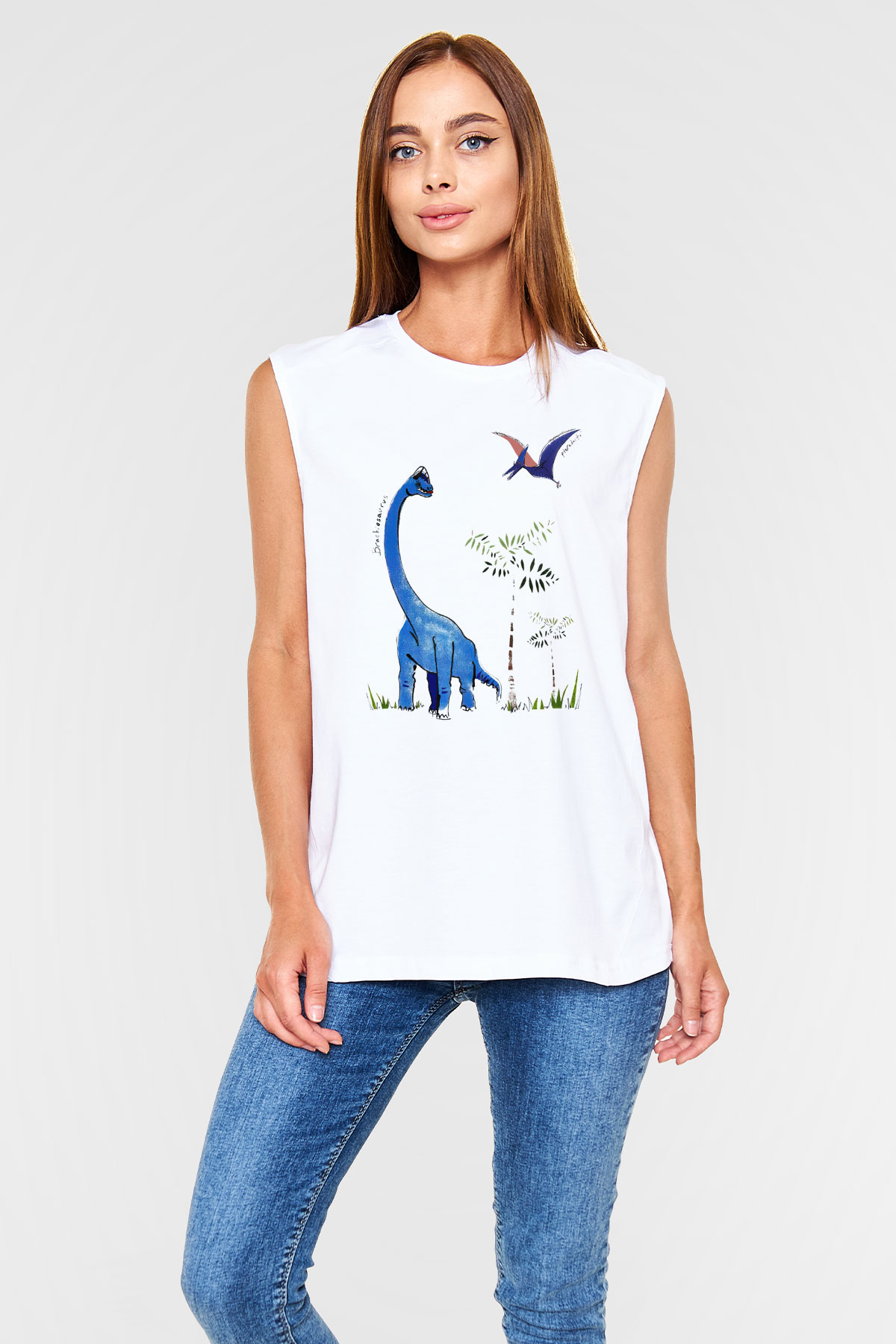 Dinozor Beyaz Unisex Kolsuz Tişört