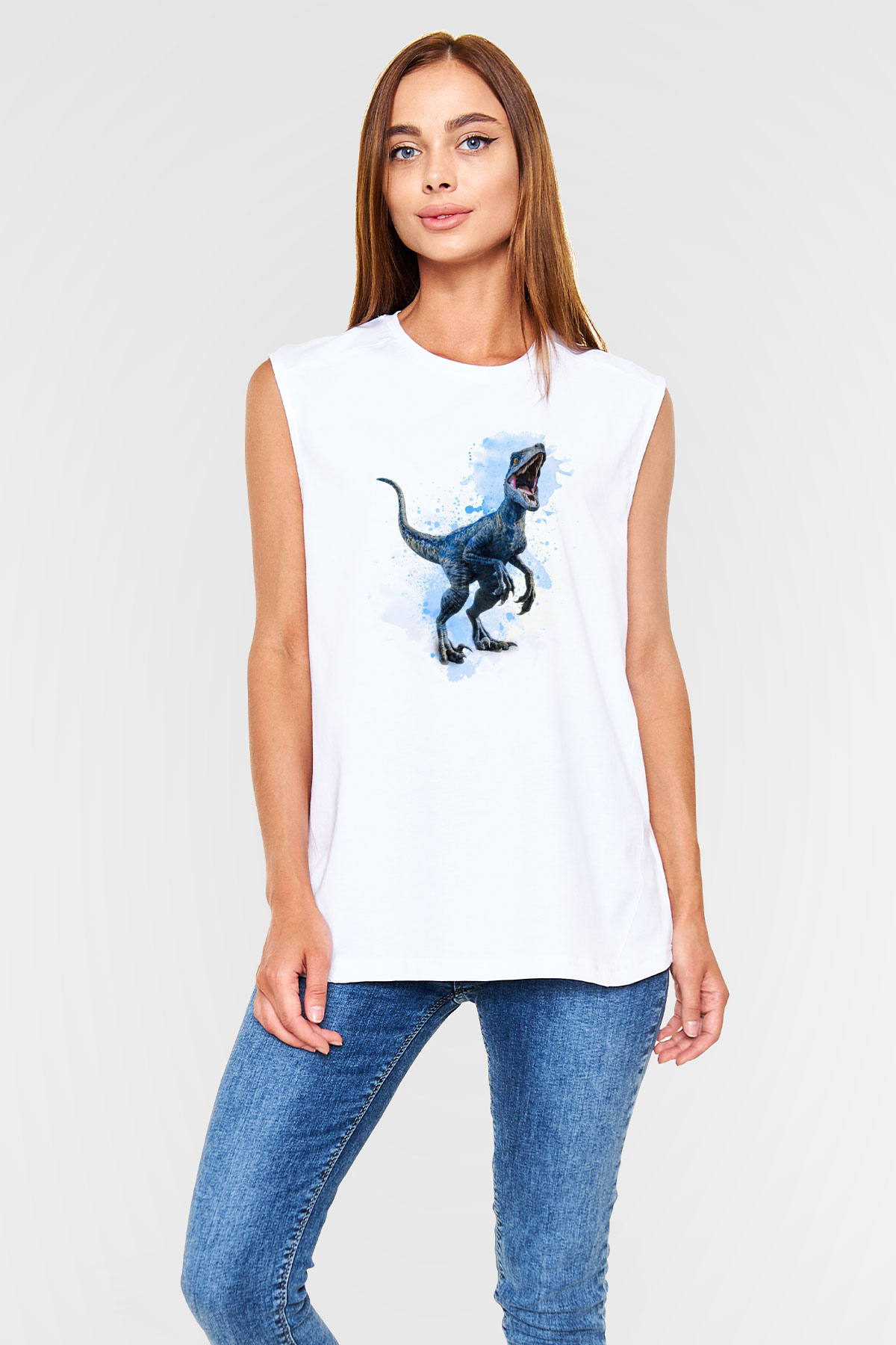Dinozor Beyaz Unisex Kolsuz Tişört