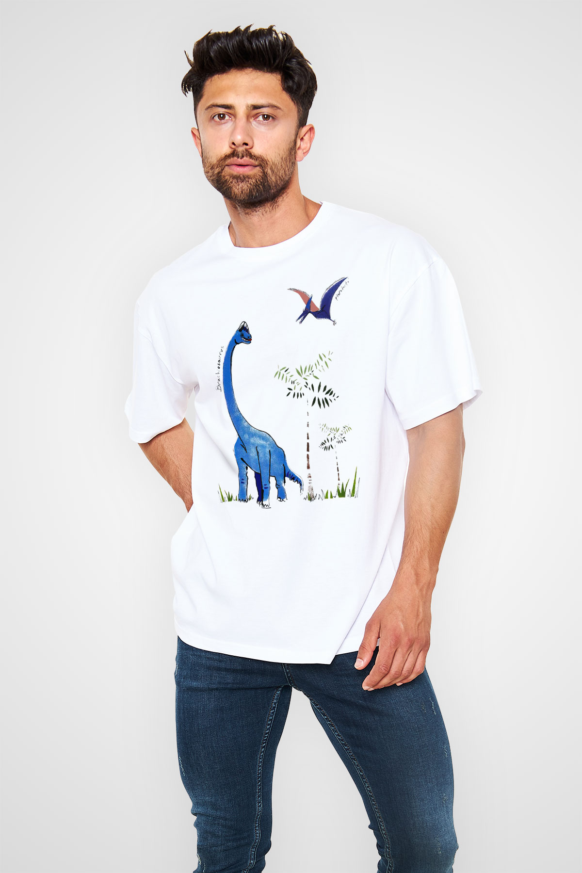Dinozor Beyaz Unisex Oversize Tişört T-Shirt