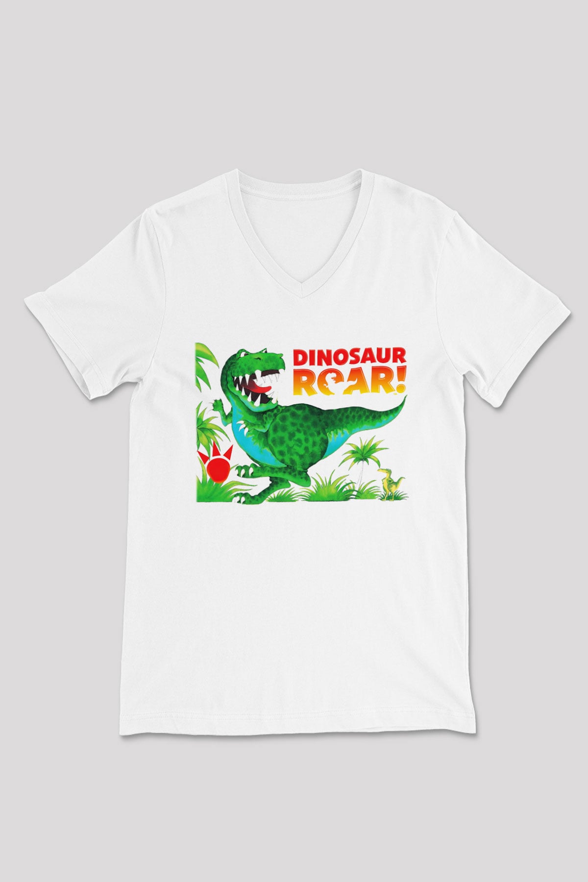 Dinozor Beyaz Unisex V Yaka Tişört T-Shirt