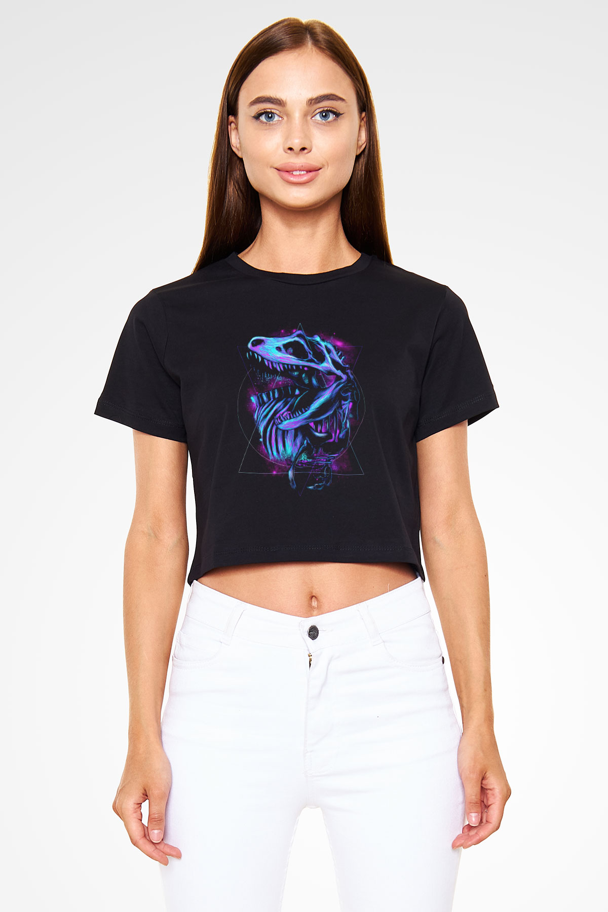 Dinozor Siyah  Crop Top Tişört