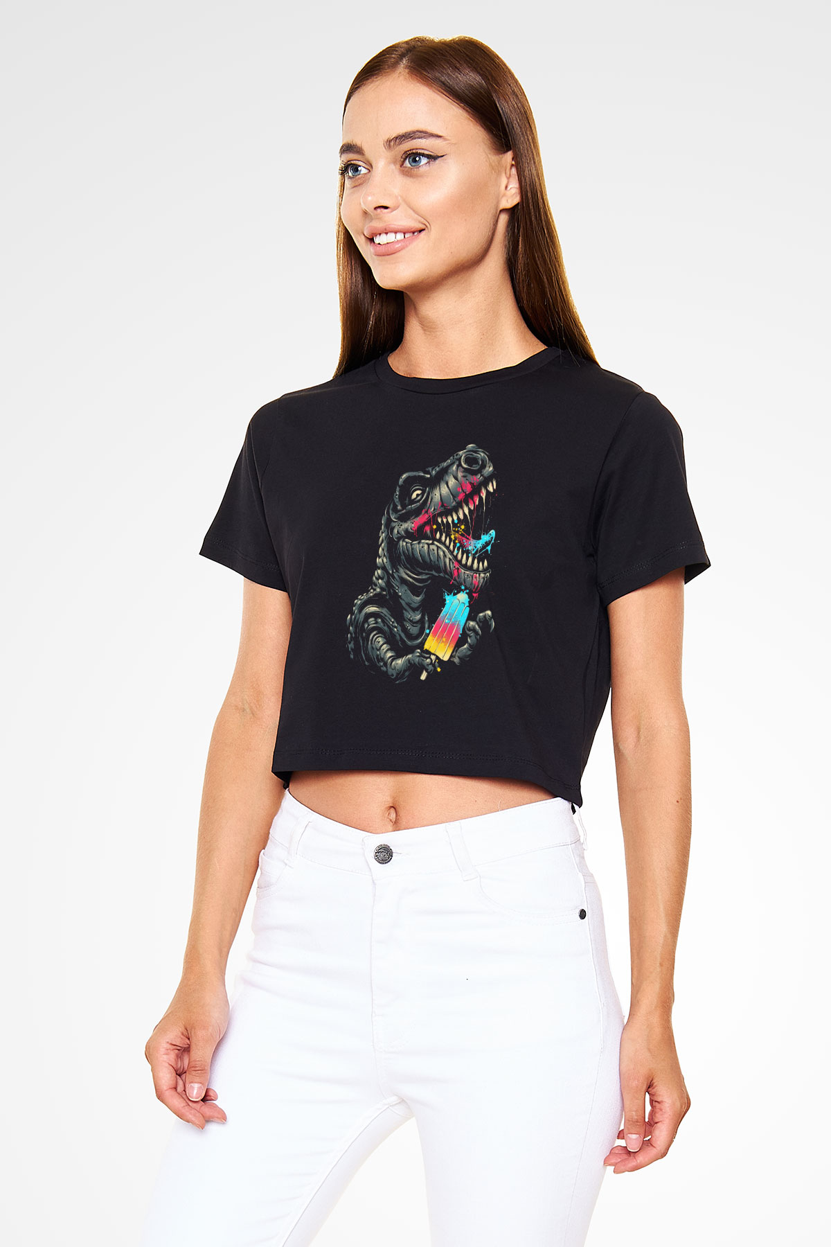 Dinozor Siyah  Crop Top Tişört