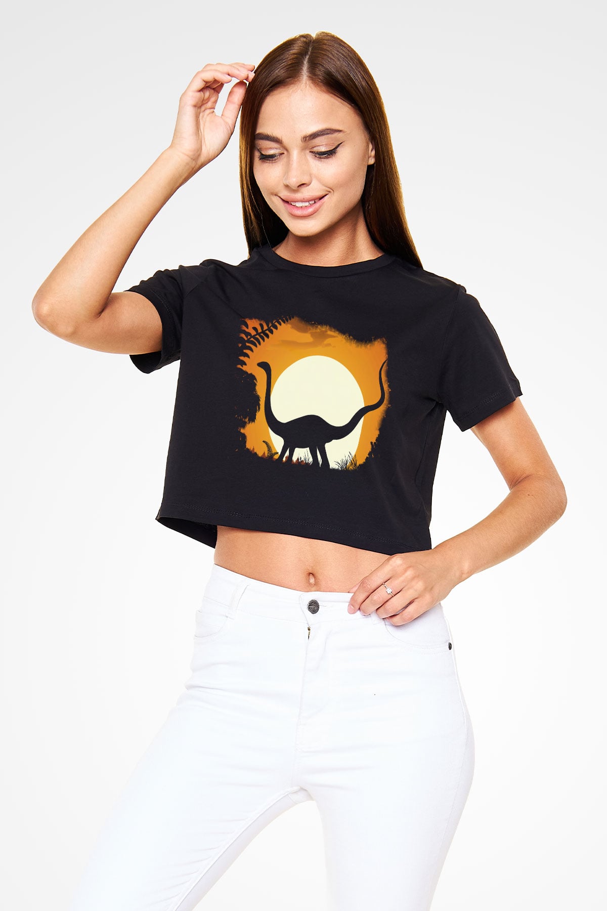 Dinozor Siyah Crop Top Tişört