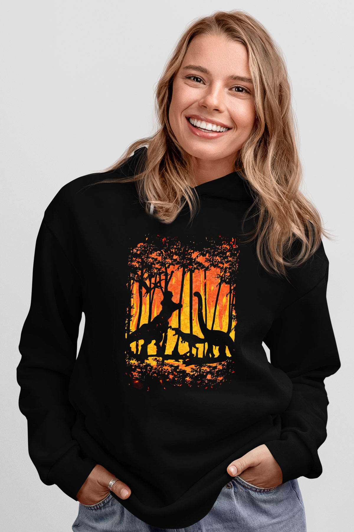 Dinozor Siyah Unisex Kapüşonlu Sweatshirt