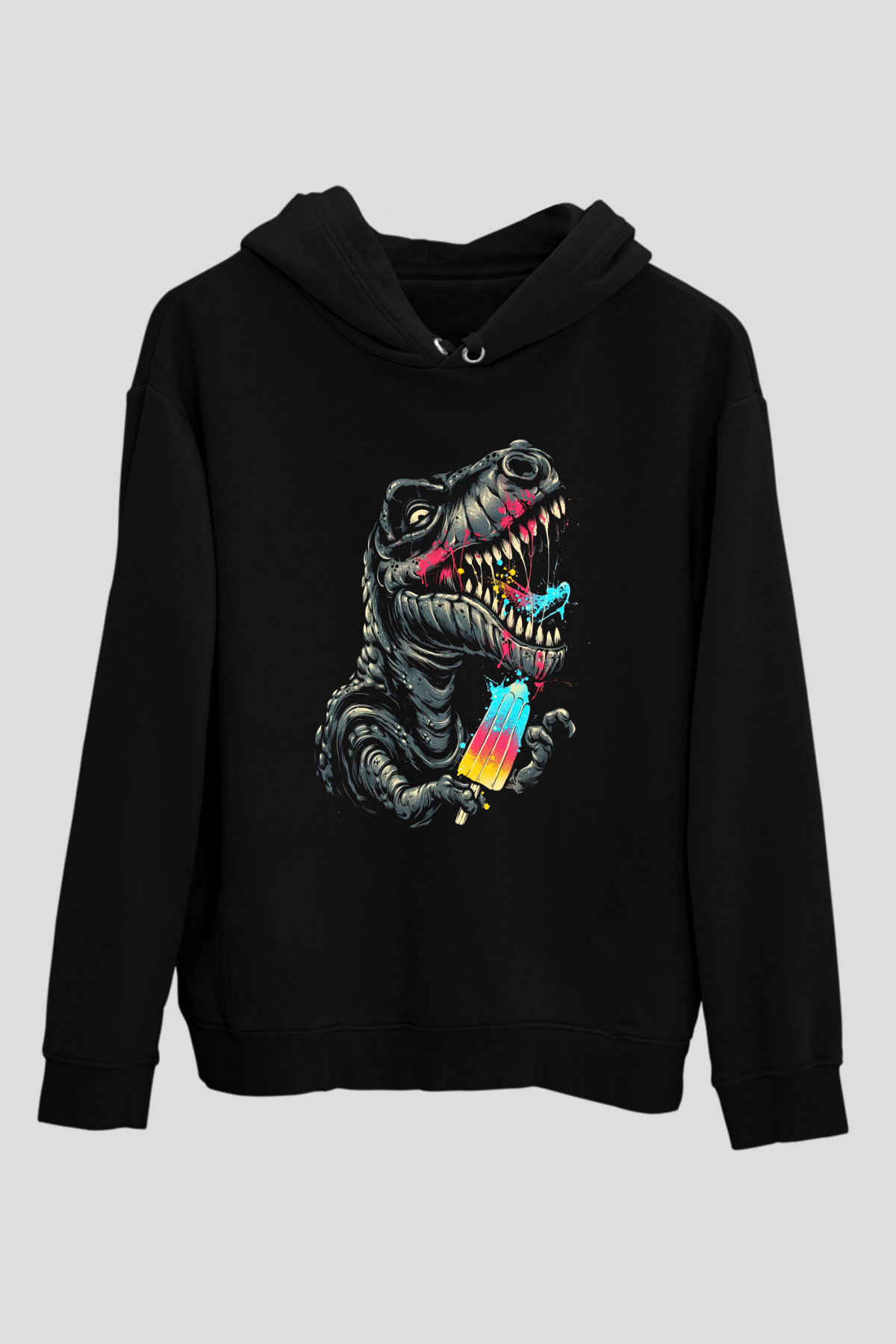 Dinozor Siyah Unisex Kapüşonlu Sweatshirt