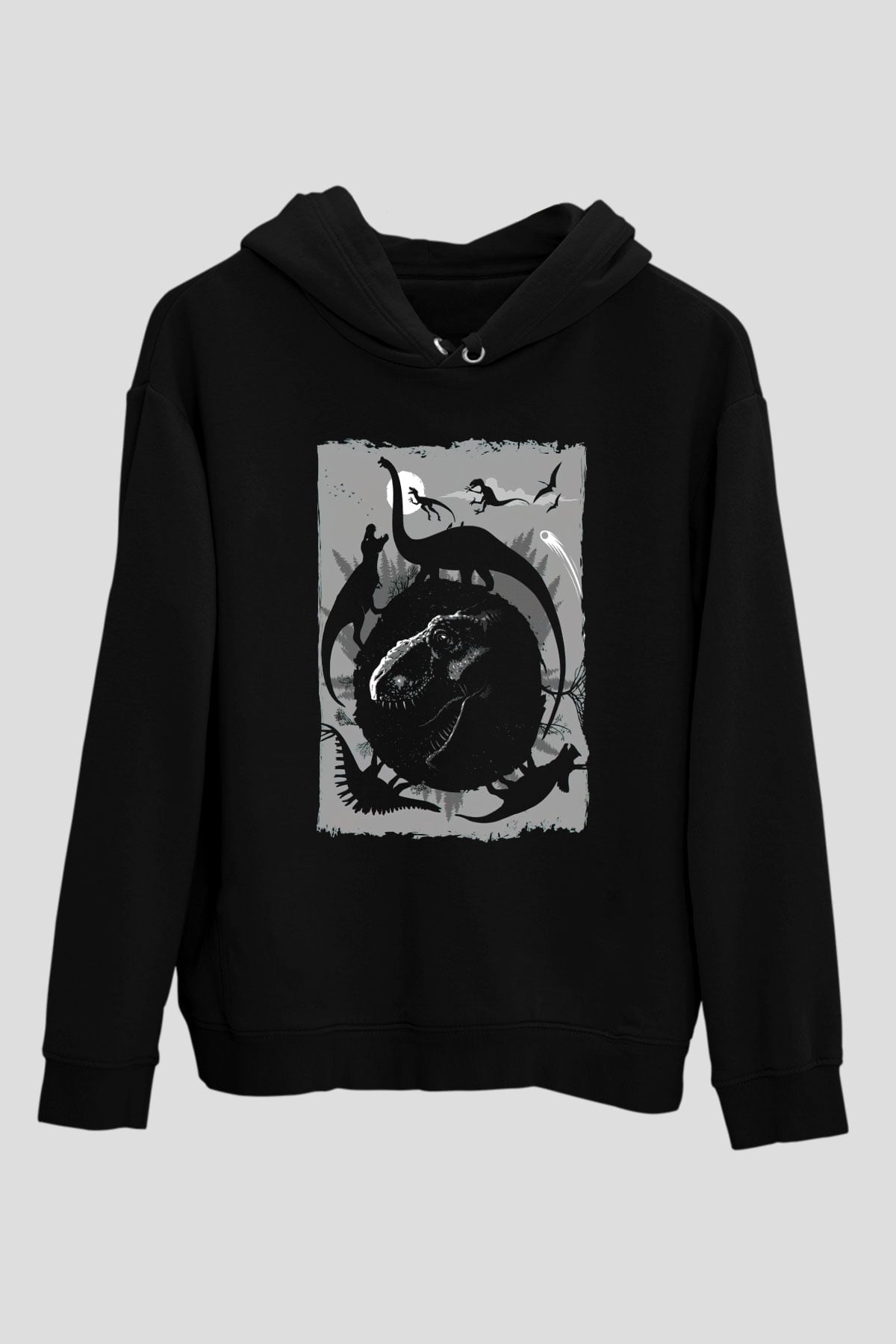 Dinozor Siyah Unisex Kapüşonlu Sweatshirt