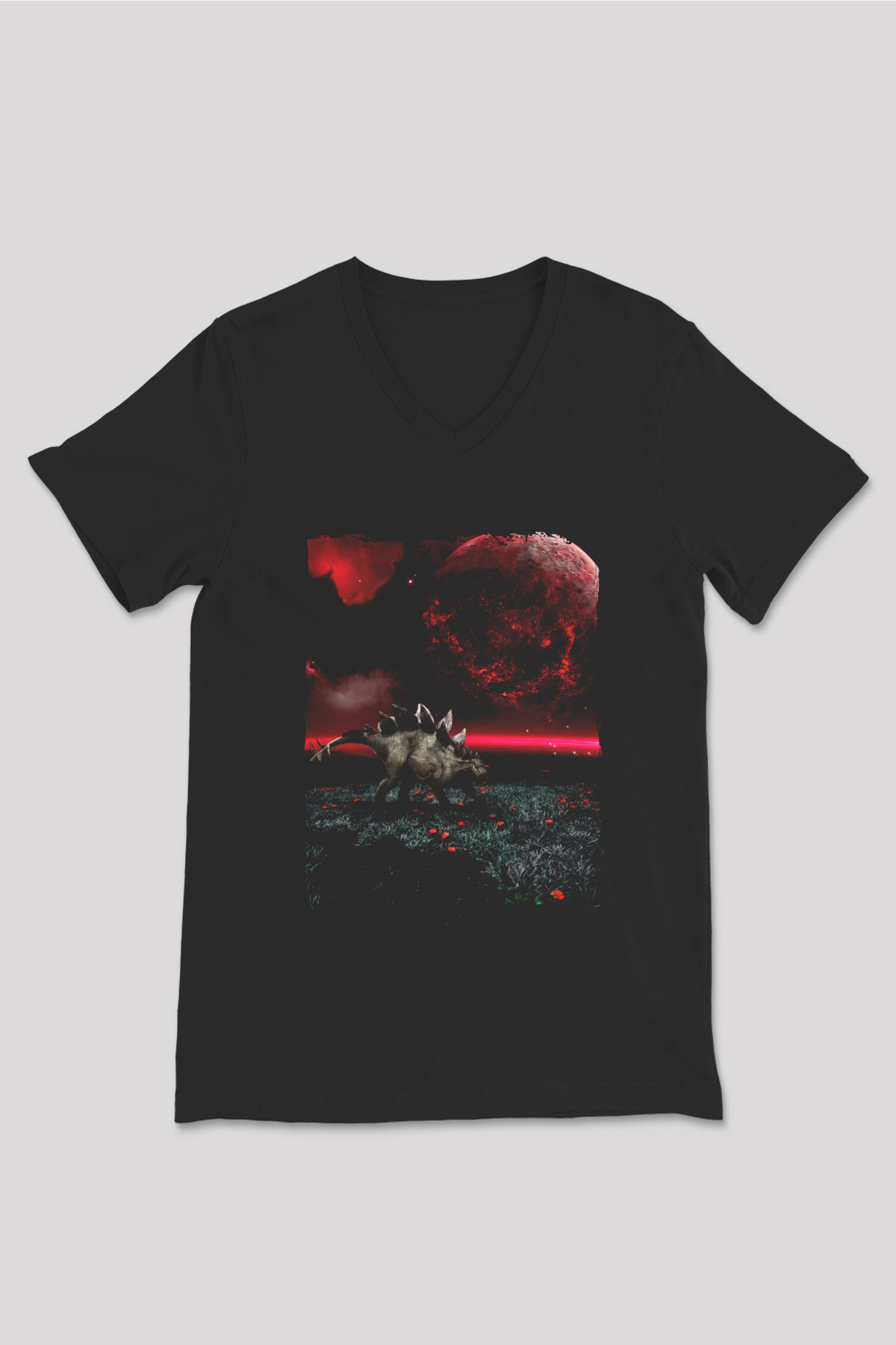 Dinozor Siyah Unisex V Yaka Tişört