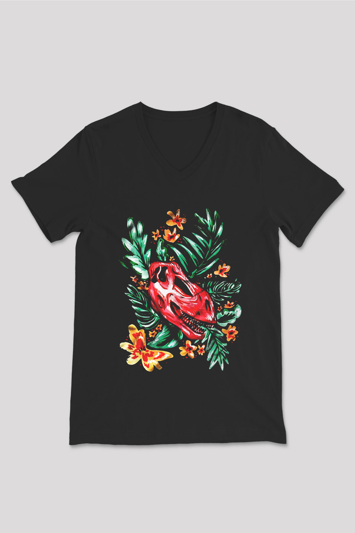 Dinozor Siyah Unisex V Yaka Tişört T-Shirt