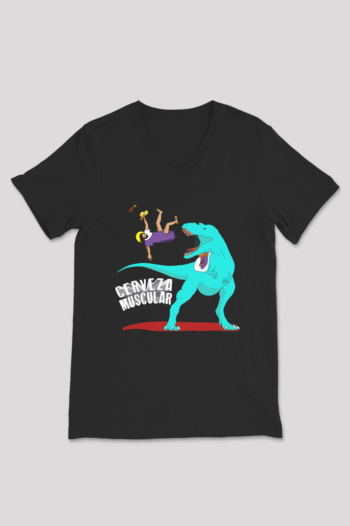 Dinozor Siyah Unisex V Yaka Tişört T-Shirt