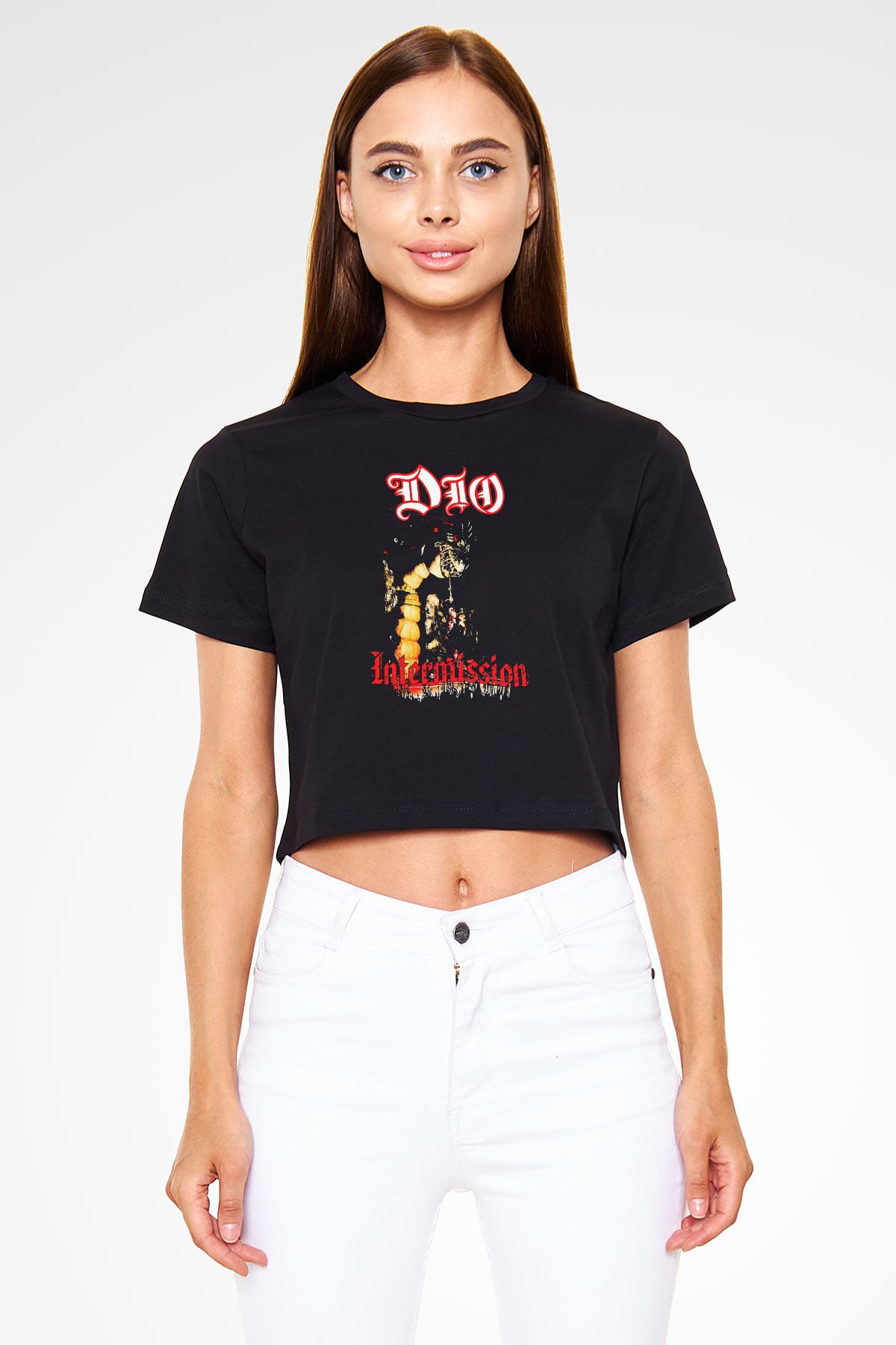 Dio Baskılı Unisex Siyah Crop Top Tişört