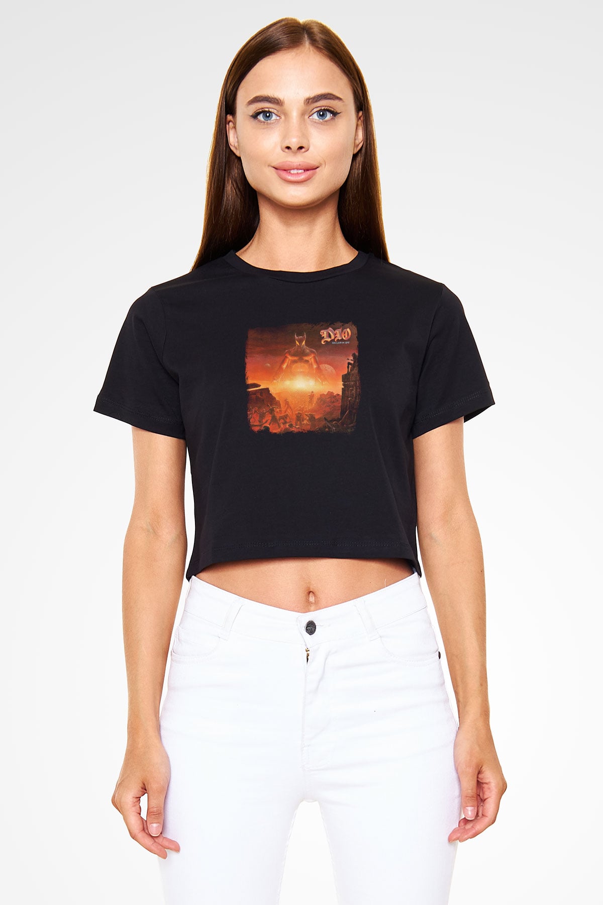 Dio Baskılı Unisex Siyah Crop Top Tişört