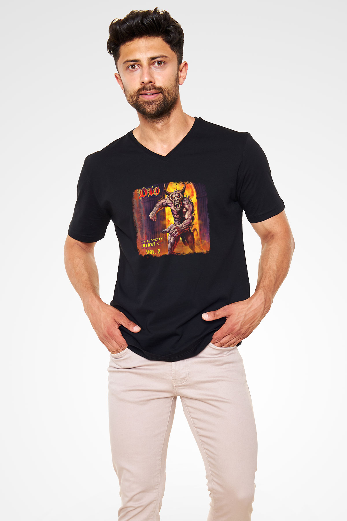 Dio Baskılı Unisex Siyah V Yaka Tişört