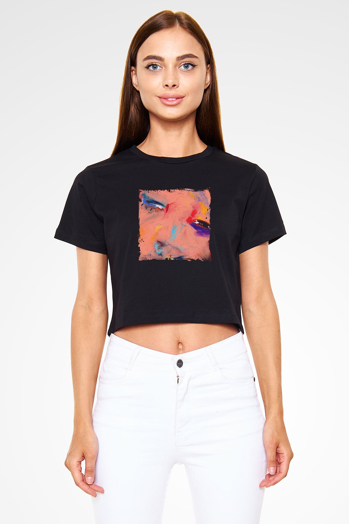 Diplo Baskılı Crop Top Siyah Kadın Tişört