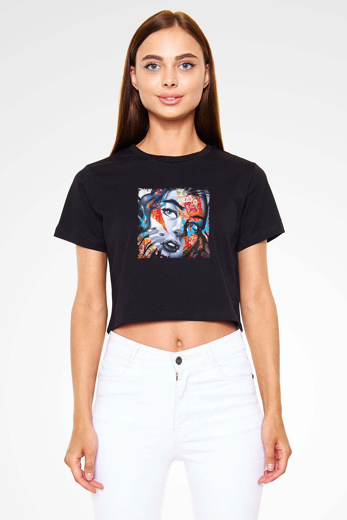Diplo Baskılı Crop Top Siyah Kadın Tişört
