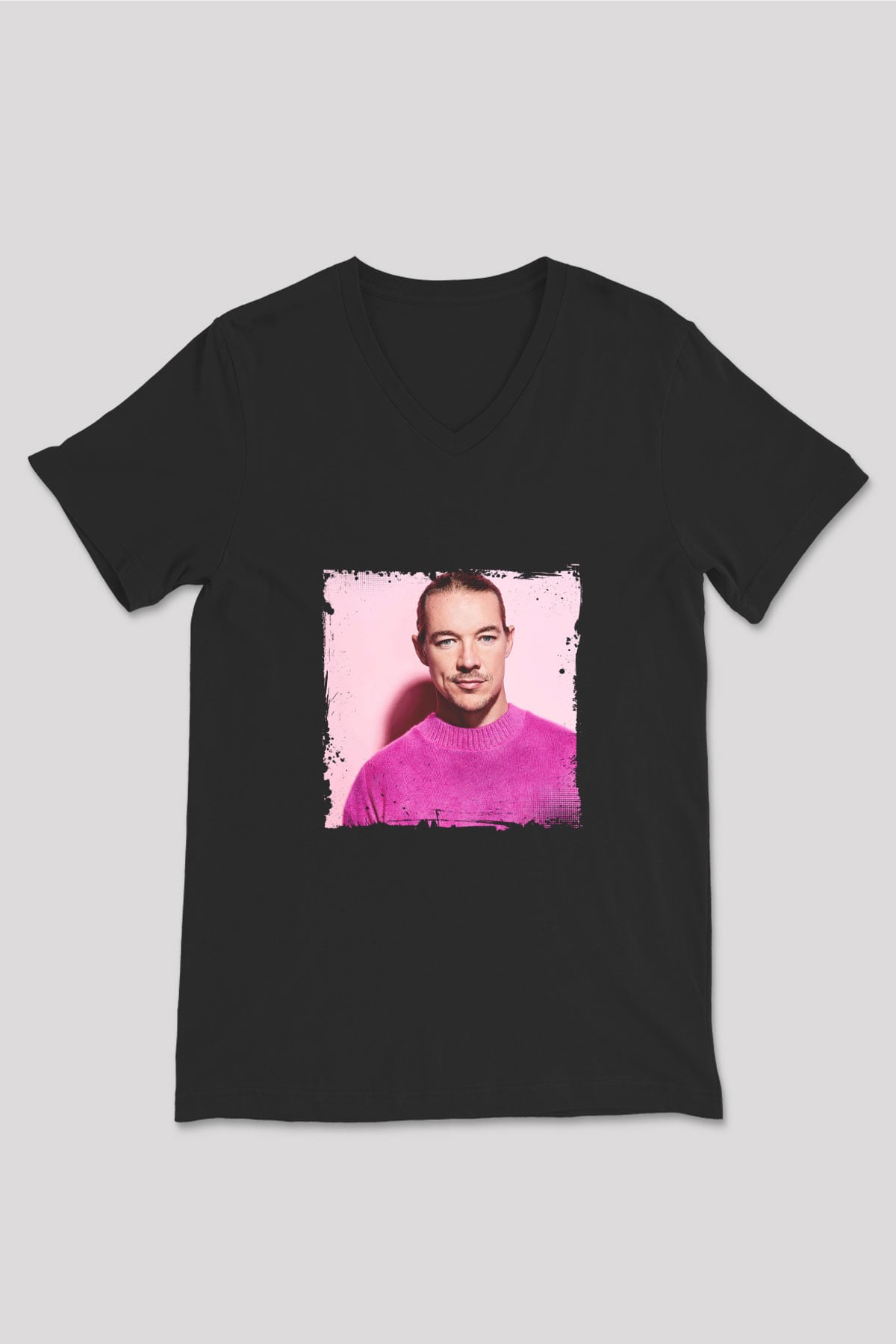 Diplo Baskılı Unisex Siyah V Yaka Tişört