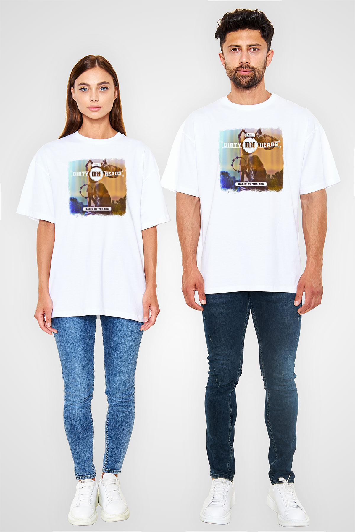 Dirty Heads Baskılı Unisex Beyaz Oversize Tişört