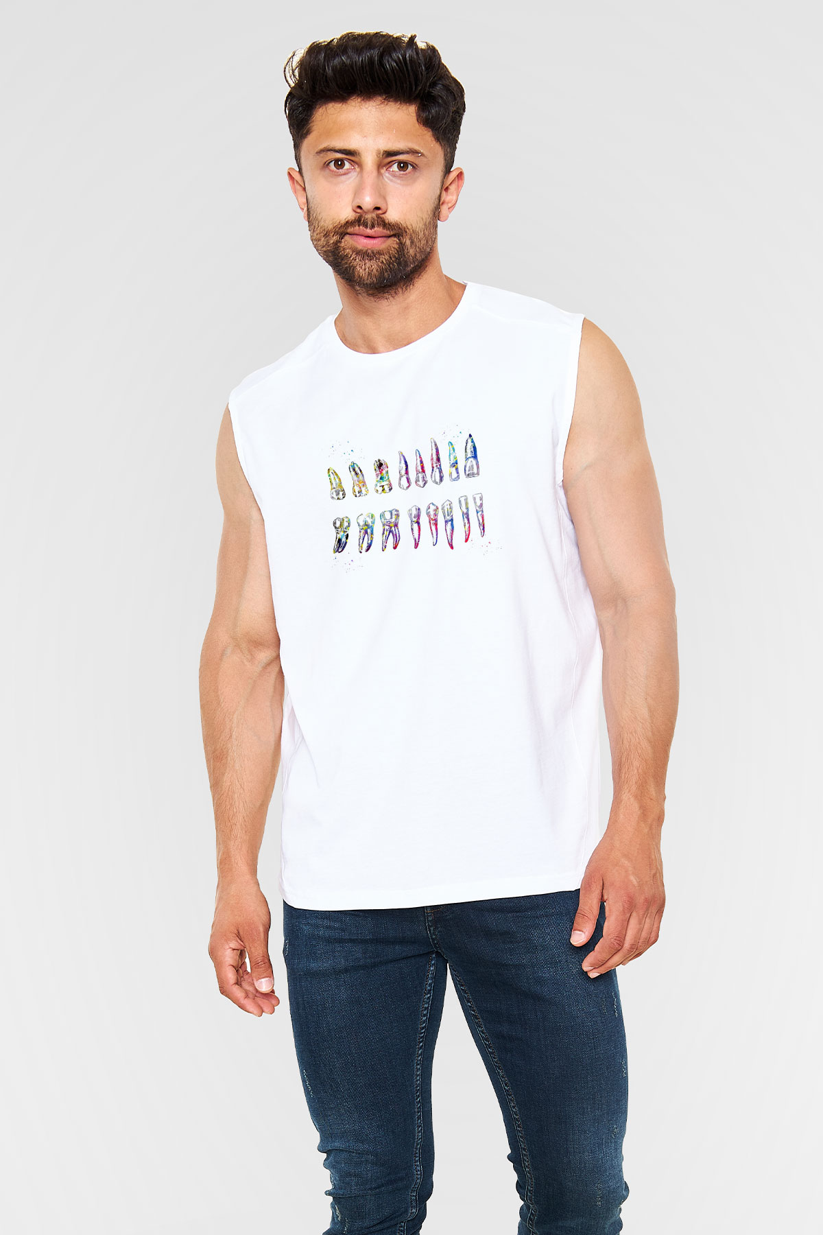 Diş Diyagramı Baskılı Unisex Kolsuz Beyaz Tişört - Tshirt