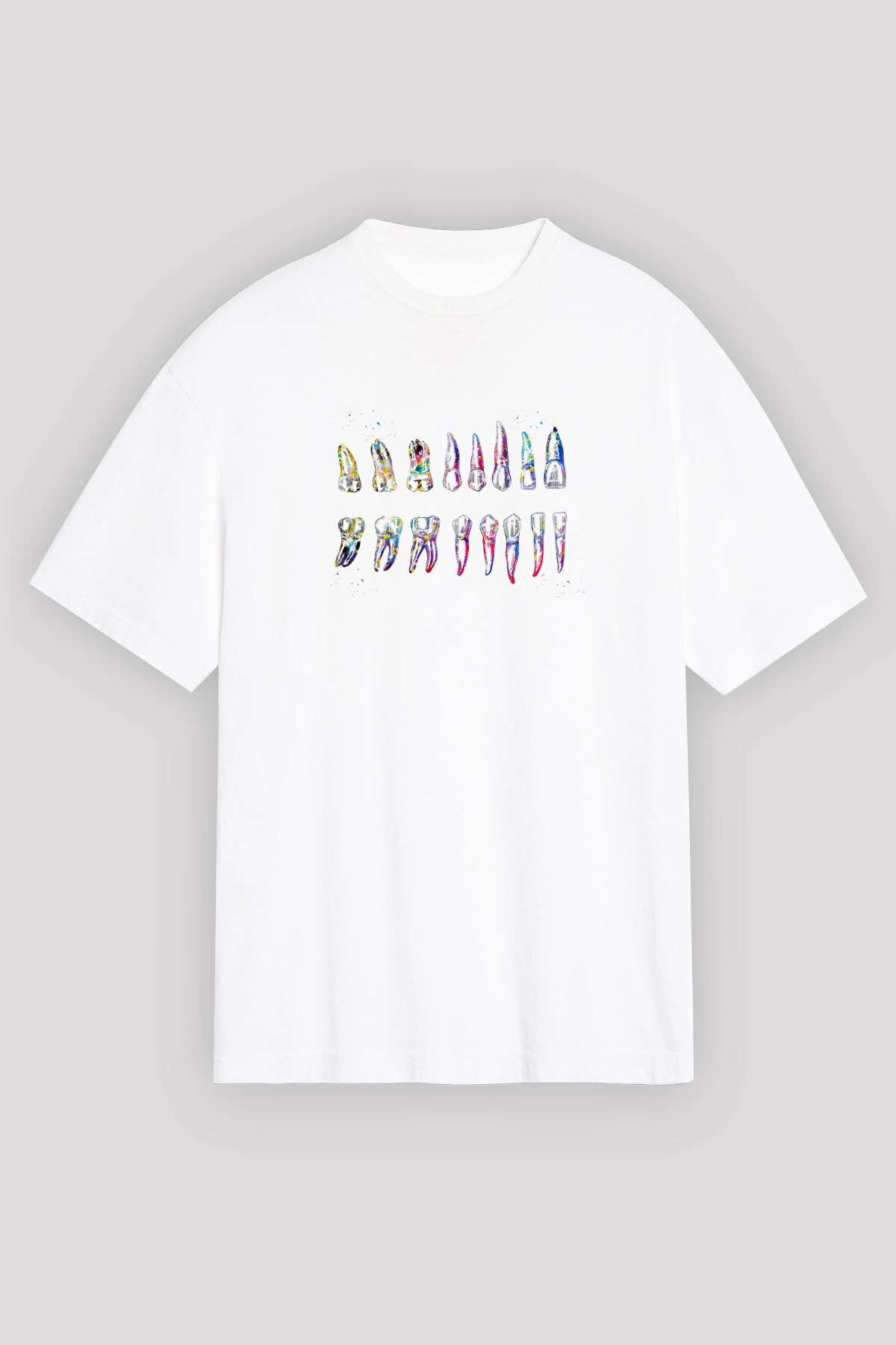 Diş Diyagramı Baskılı Unisex Oversize Beyaz Tişört - Tshirt