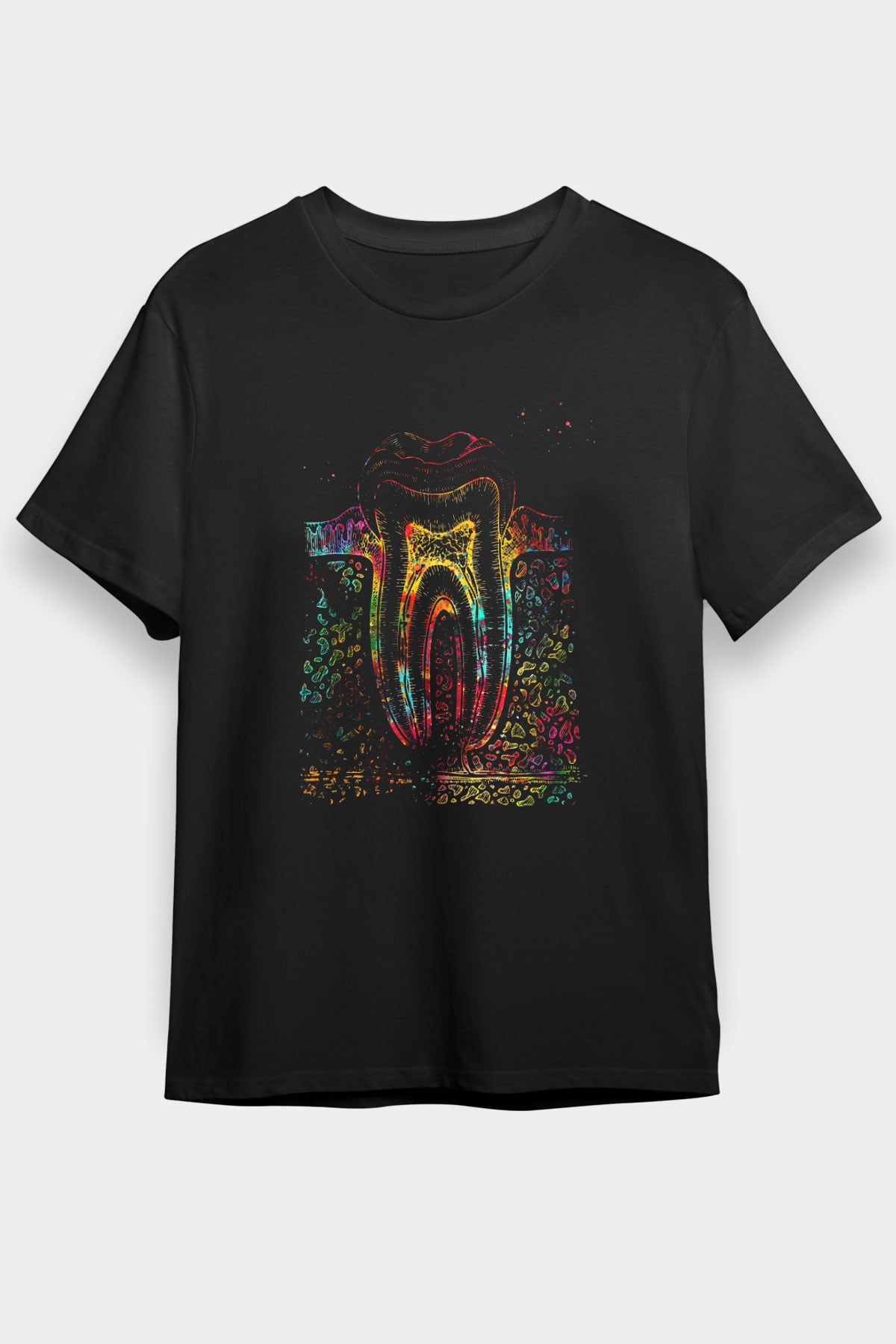 Diş Diyagramı Baskılı Unisex Siyah Tişört - Tshirt