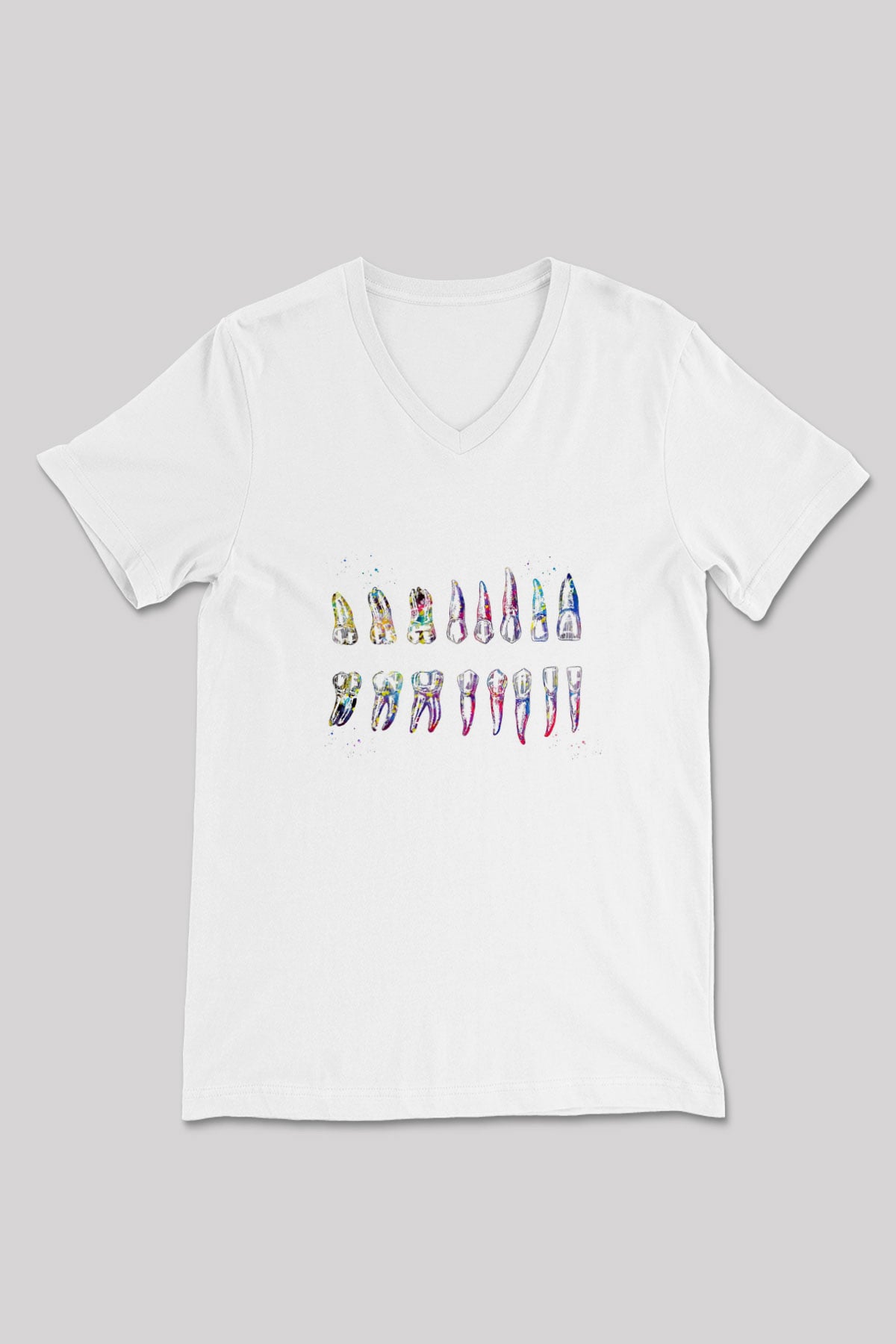 Diş Diyagramı Baskılı Unisex V Yaka Beyaz Tişört - Tshirt