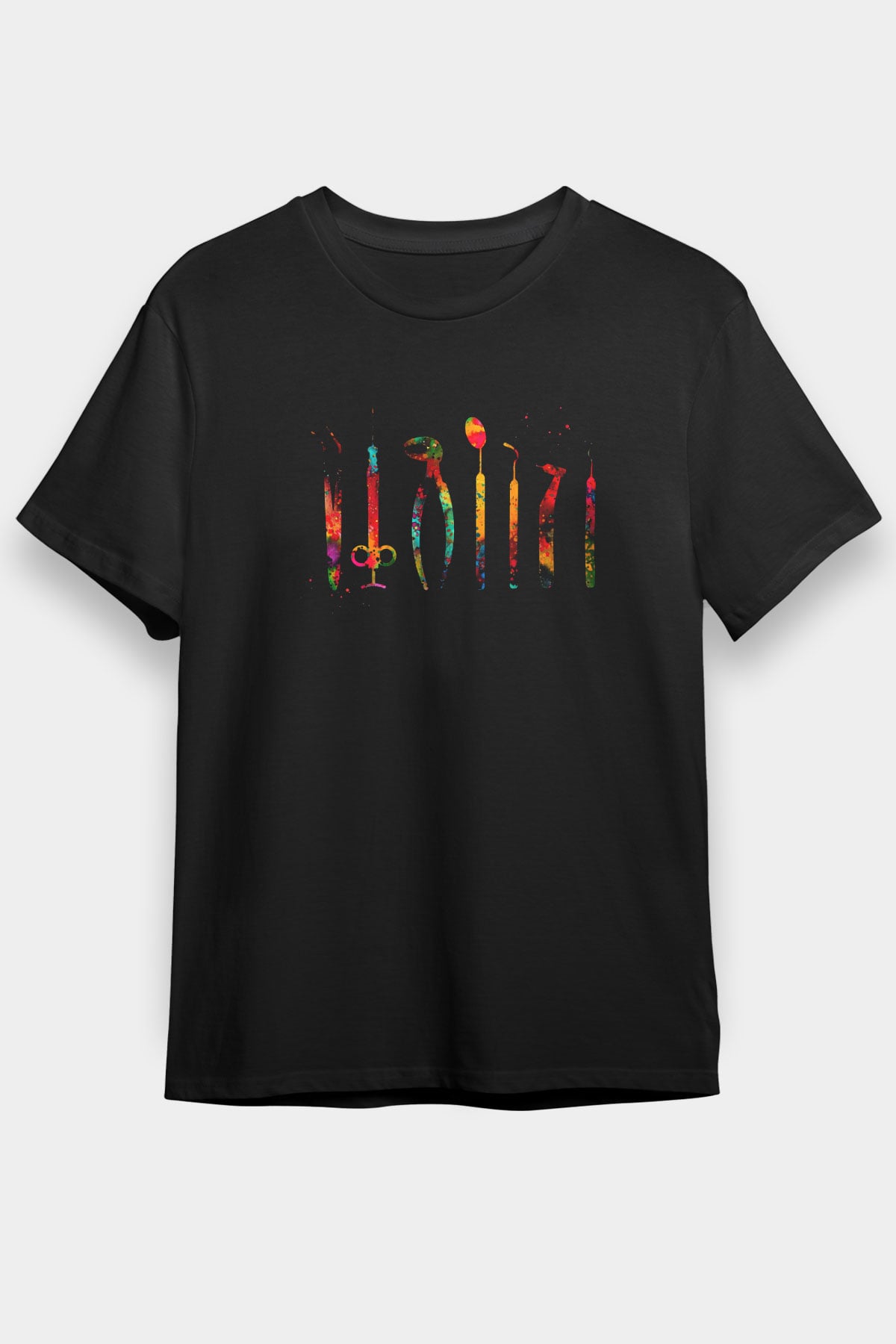 Diş Hekimi Malzemeler Baskılı Unisex Siyah Tişört - Tshirt